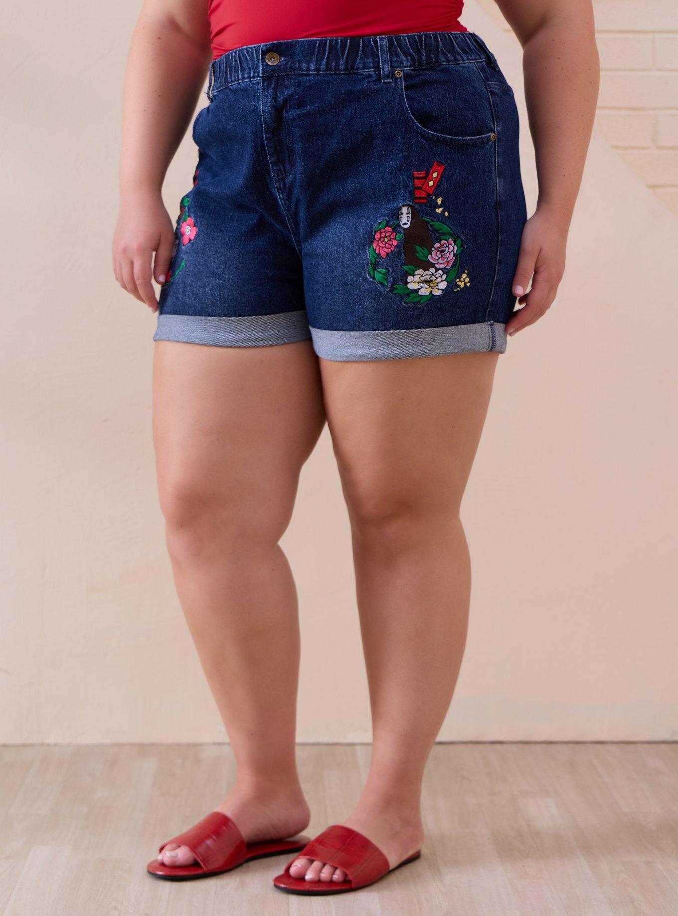 Studio Ghibli&reg; Spirited Away Floral Characters Women's Plus Size High Waisted Shorts - BoxLunch Exclusive, DENIM, hi-res view 1