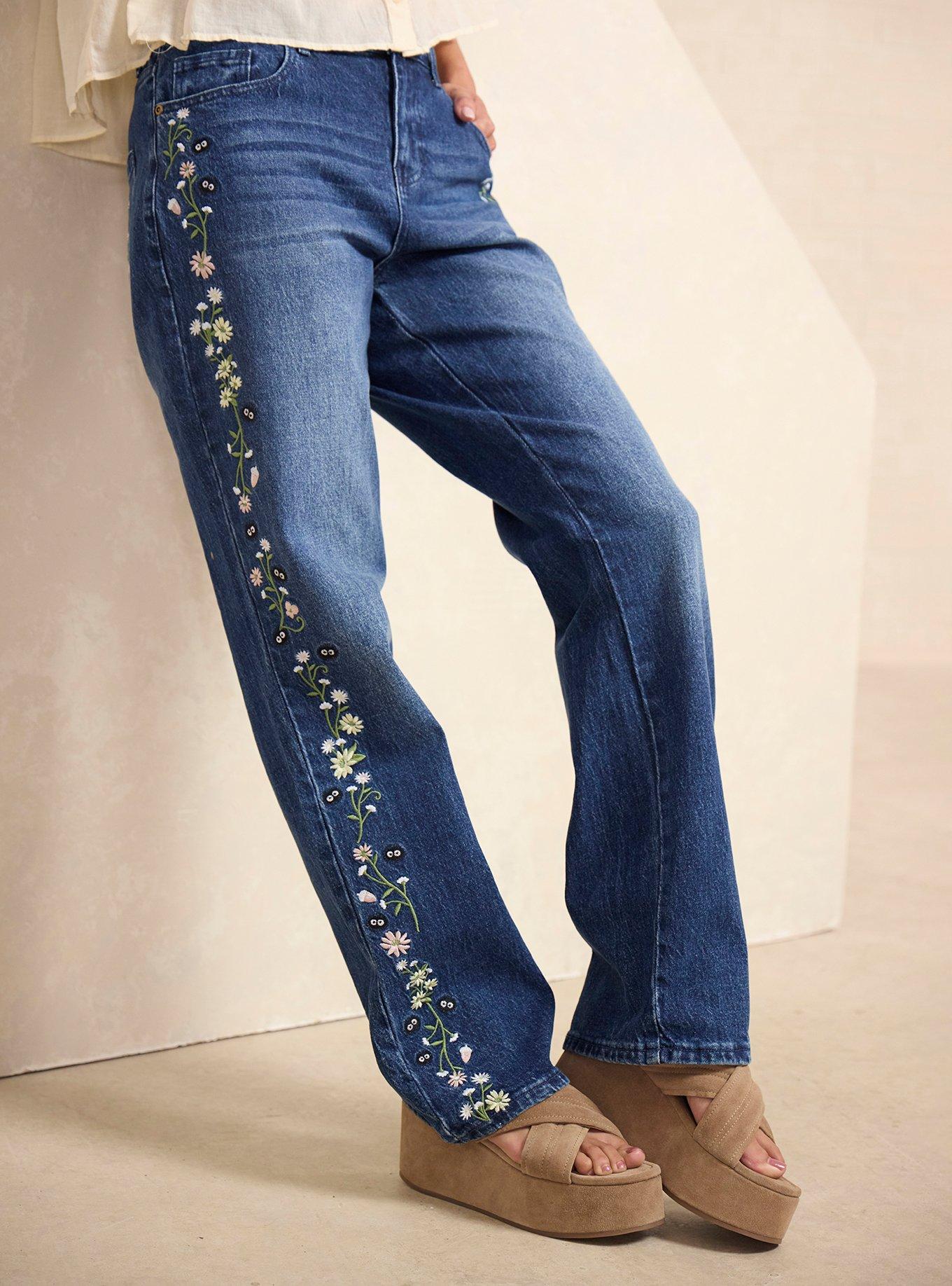 Studio Ghibli&reg; My Neighbor Totoro Soot Sprites Floral Embroidered Women's High-Waisted Jeans - BoxLunch Exclusive, , hi-res