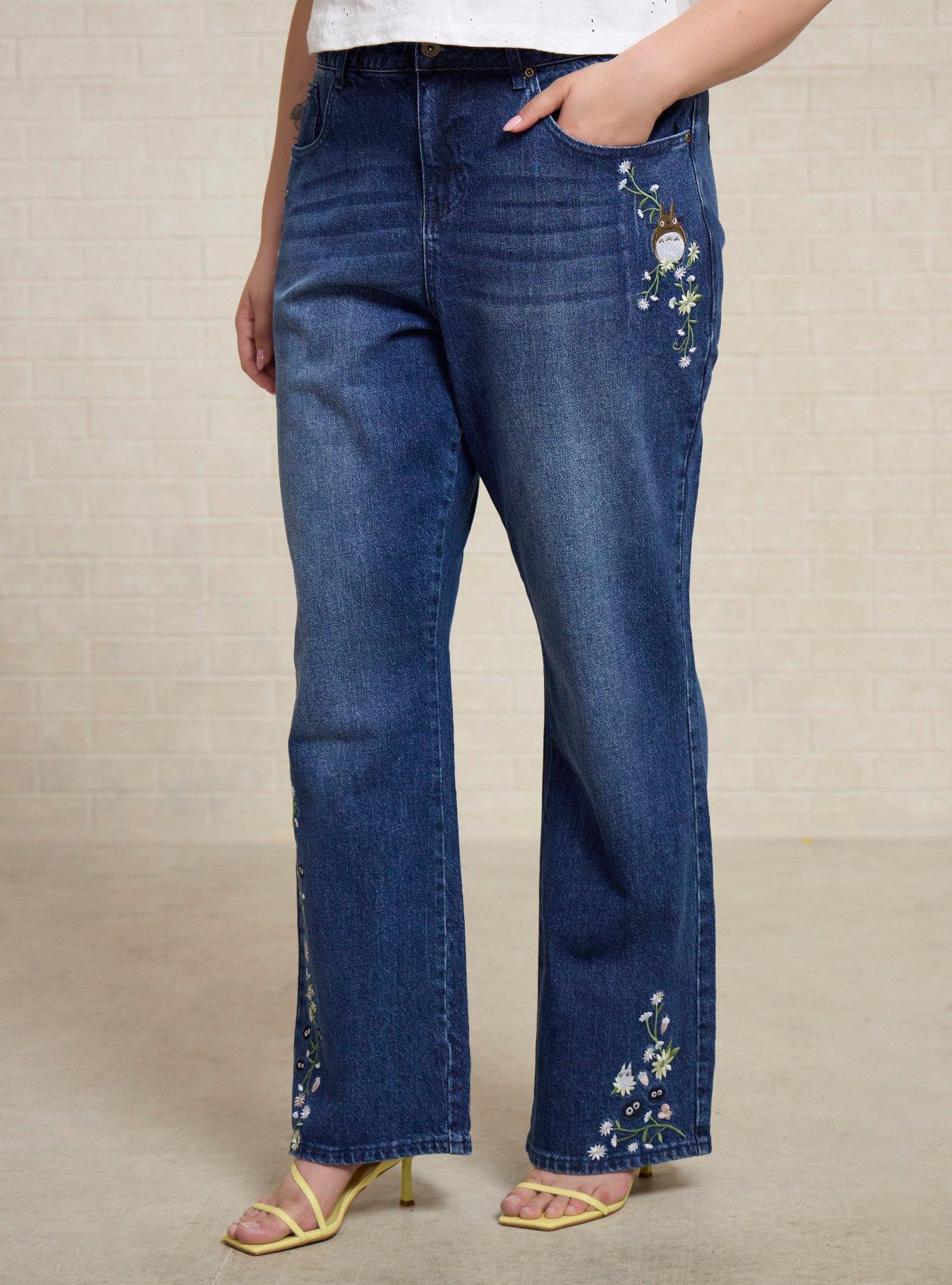Studio Ghibli&reg; My Neighbor Totoro Soot Sprites Floral Embroidered Women's Plus Size High-Waisted Jeans - BoxLunch Exclusive, , hi-res