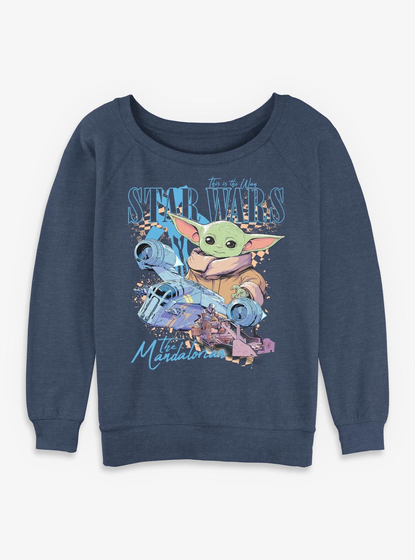 Star Wars The Mandalorian Grogu Checkered Ships Womens Slouchy Sweatshirt BoxLunch Exclusive, BLUEHTR, hi-res