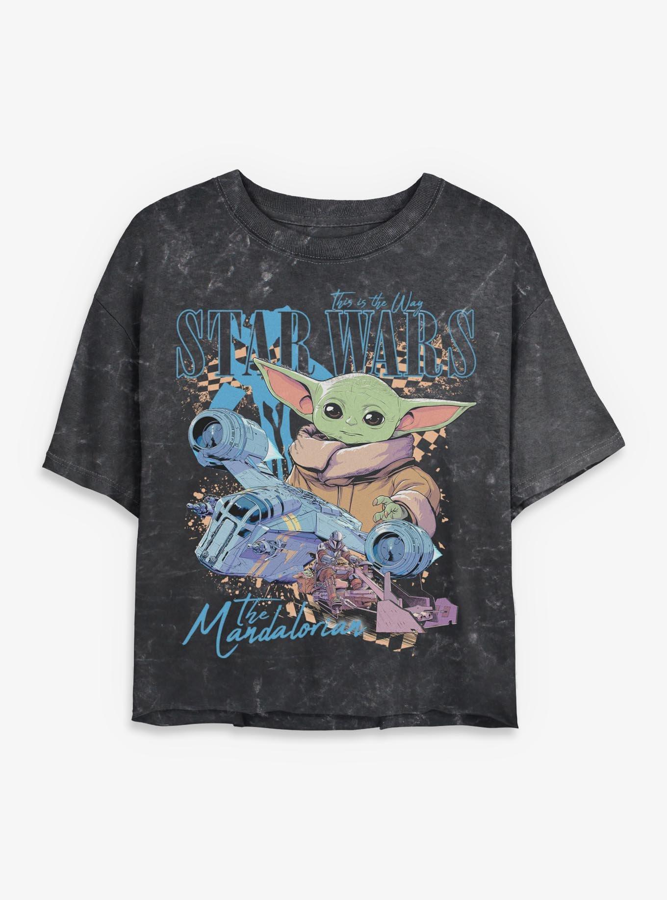 Star Wars The Mandalorian Grogu Checkered Ships Womens Mineral Wash Crop T-Shirt BoxLunch Exclusive, , hi-res
