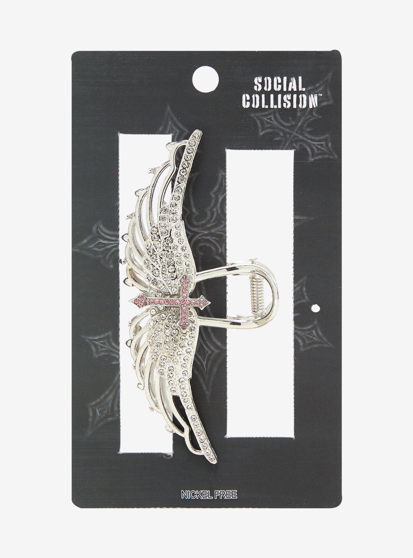 Social Collision Cross Angel Wings Rhinestone Claw Hair Clip, , hi-res