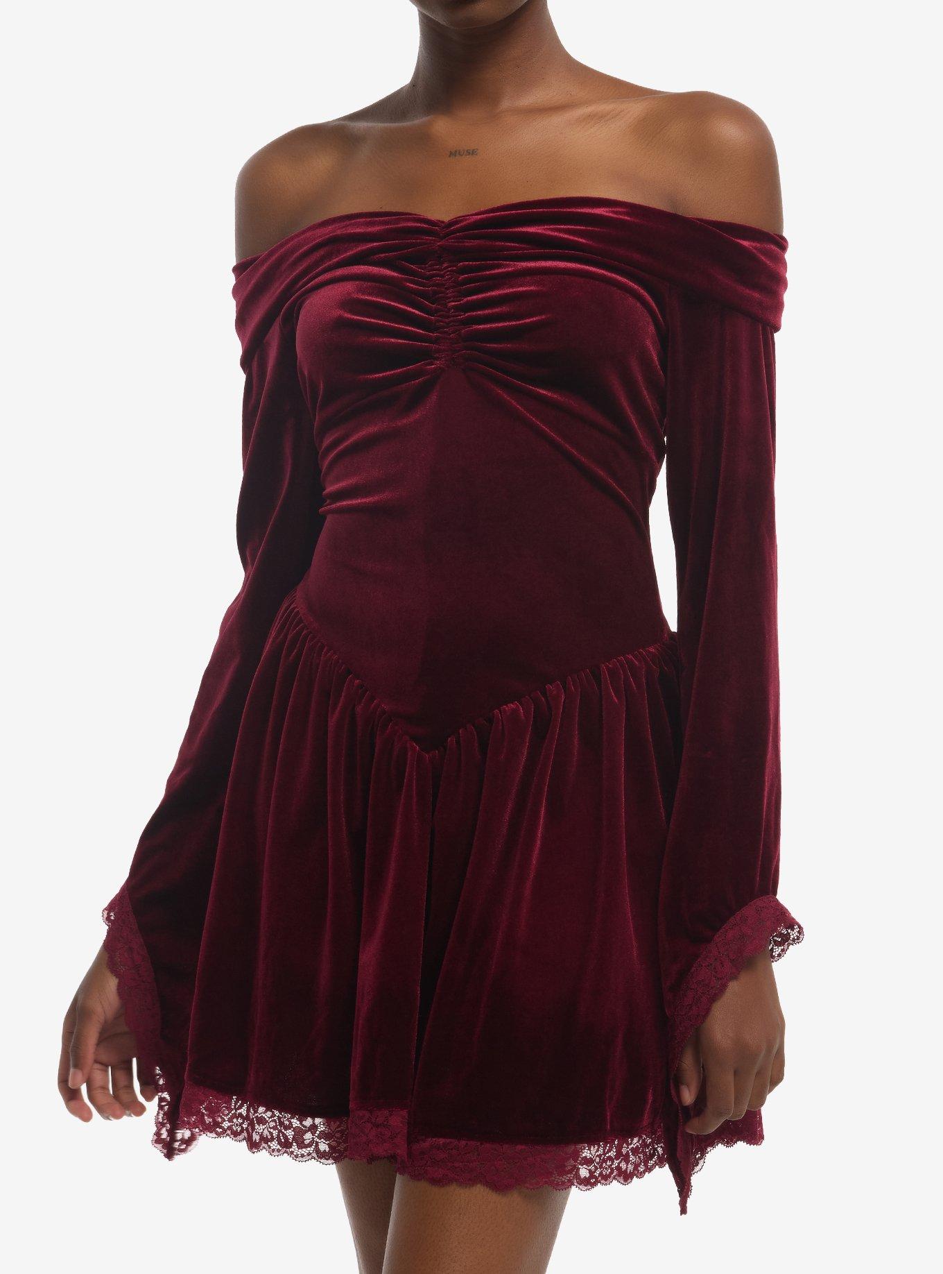 HOTTOPIC Burgundy Velvet Lace Halter Bell Sleeve Dress