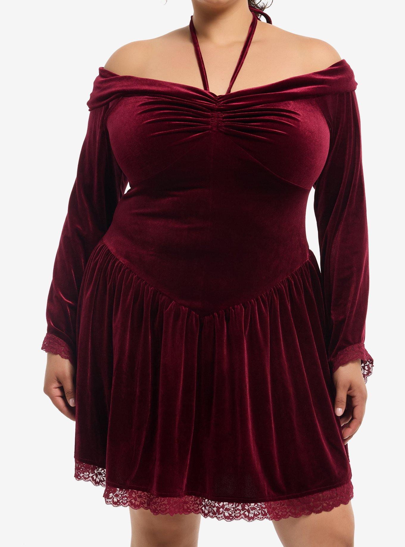 HOTTOPIC Burgundy Velvet Lace Halter Bell Sleeve Dress Plus Size