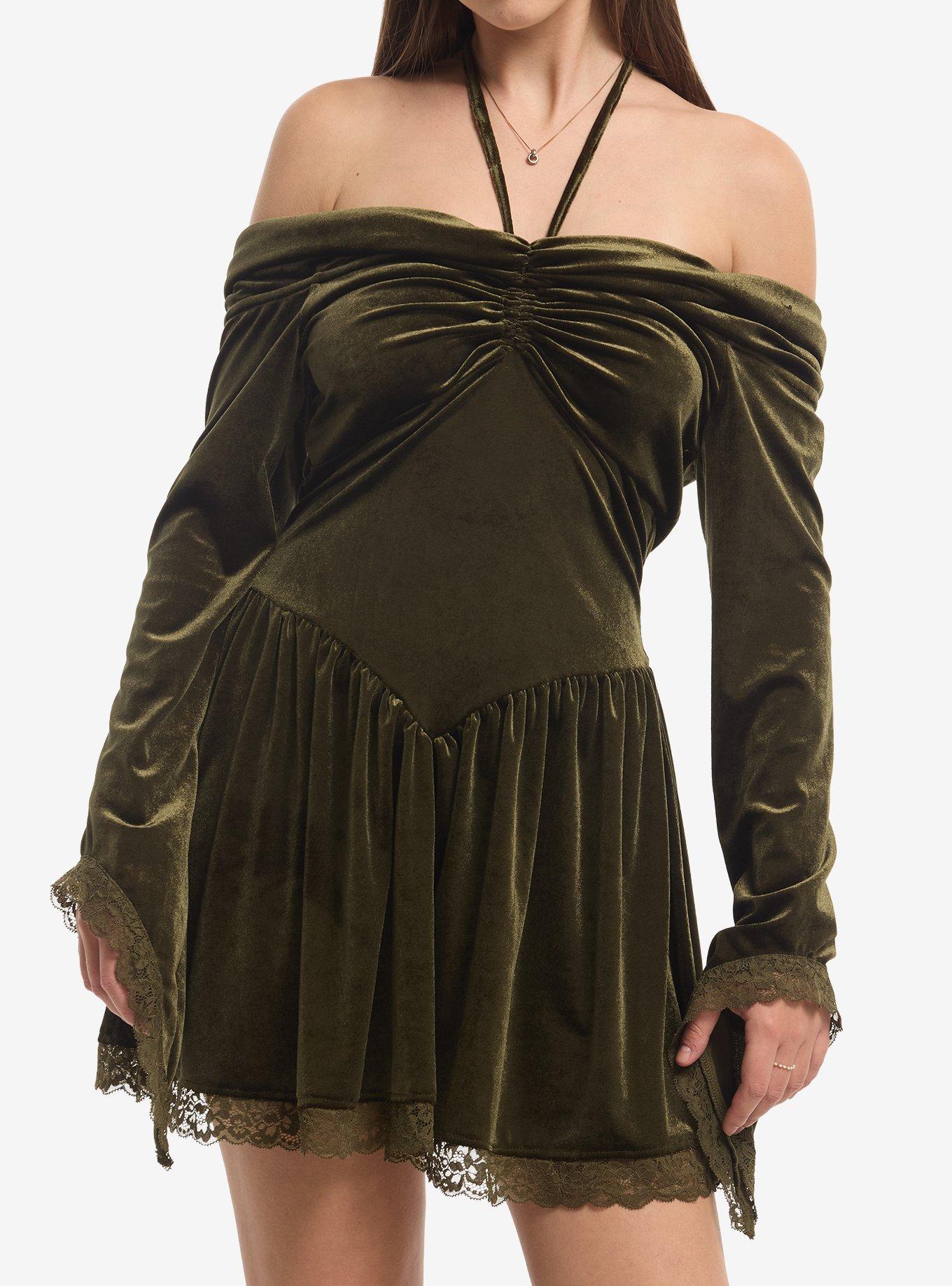 Thorn & Fable Green Velvet Lace Halter Dress