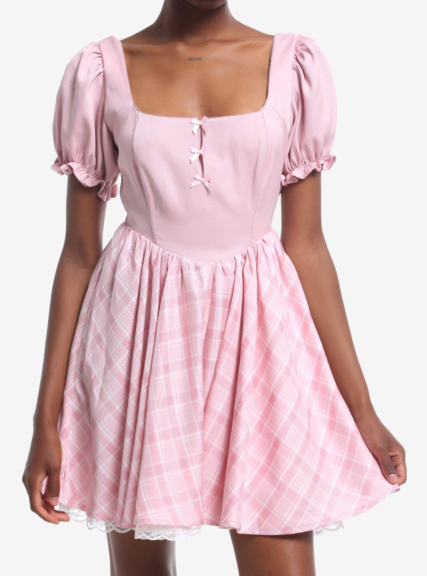 Sweet Society Pink Plaid Bow Babydoll Dress, , hi-res