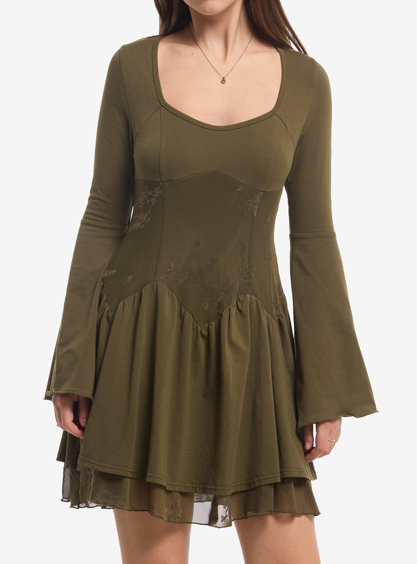 Thorn & Fable Olive Mesh Panel Bell Sleeve Dress