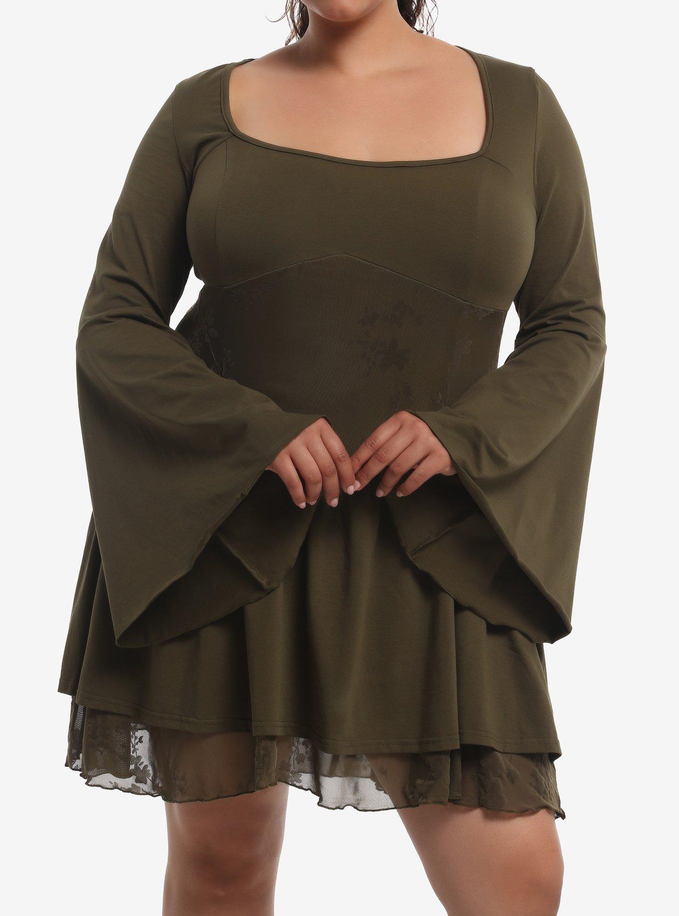 THORNANDFABLE Thorn & Fable Olive Mesh Panel Bell Sleeve Dress Plus Size