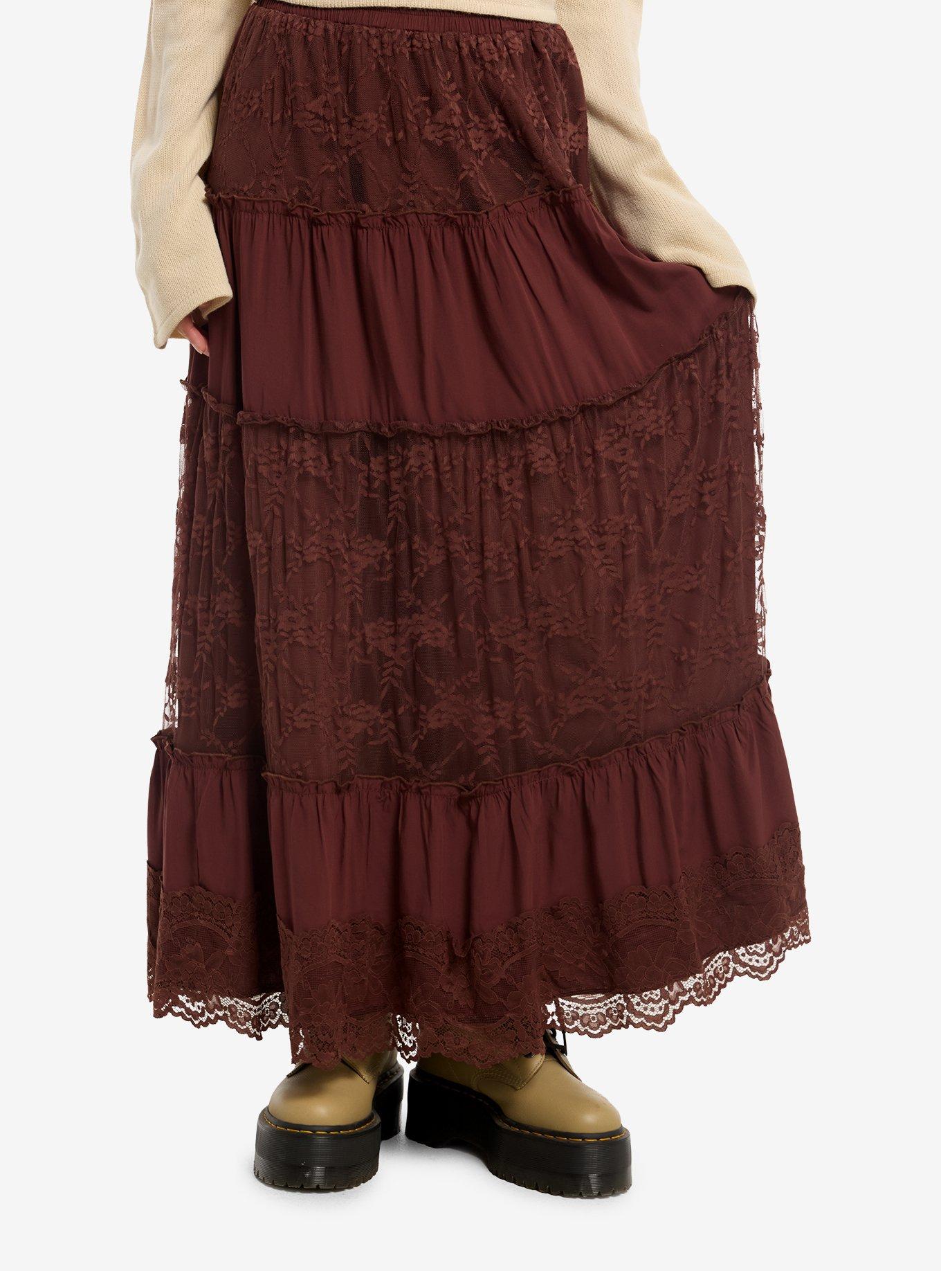 Thorn & Fable Brown Lace Ruffle Maxi Skirt