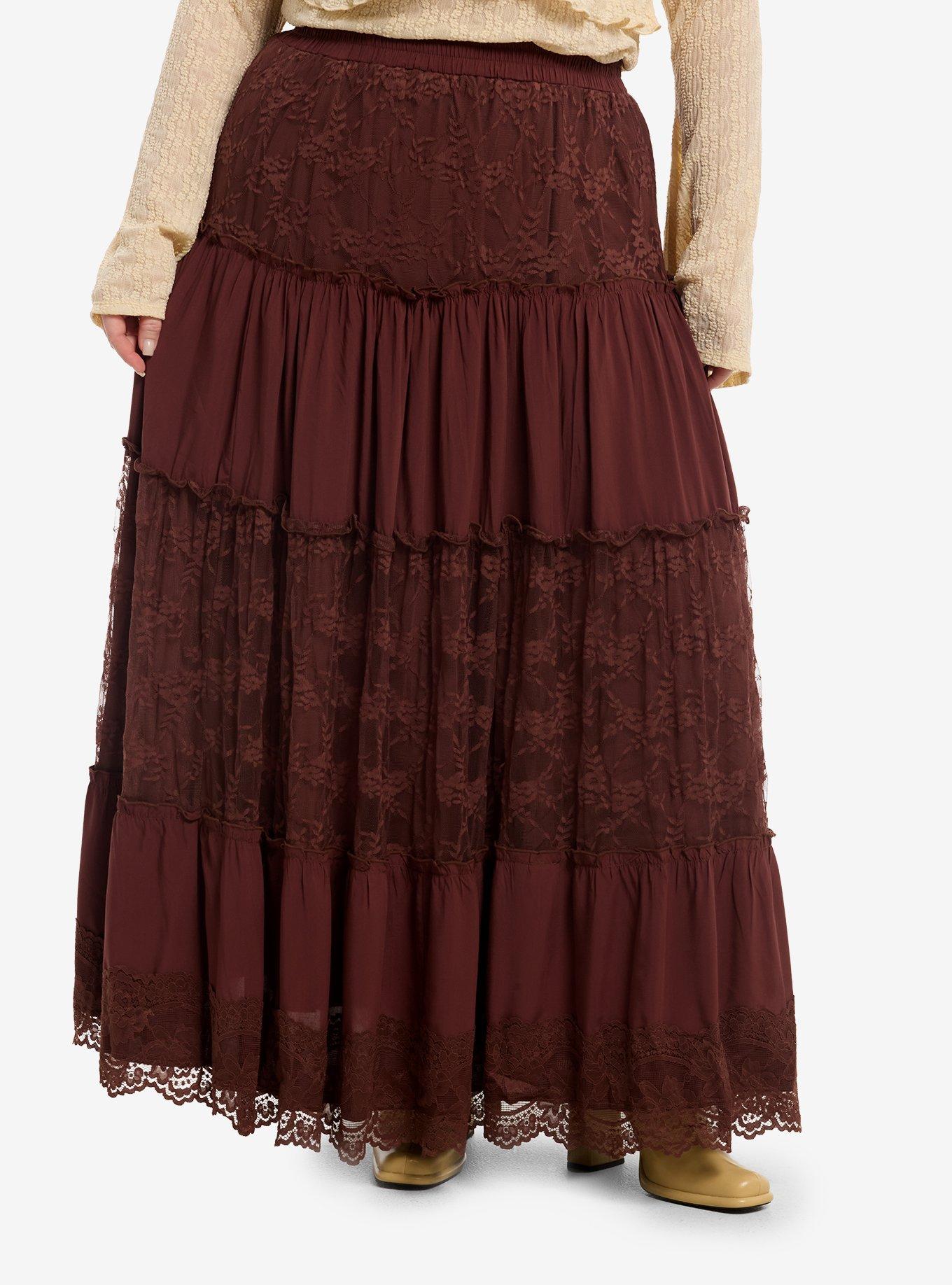 THORNANDFABLE Thorn & Fable Brown Lace Ruffle Maxi Skirt Plus Size