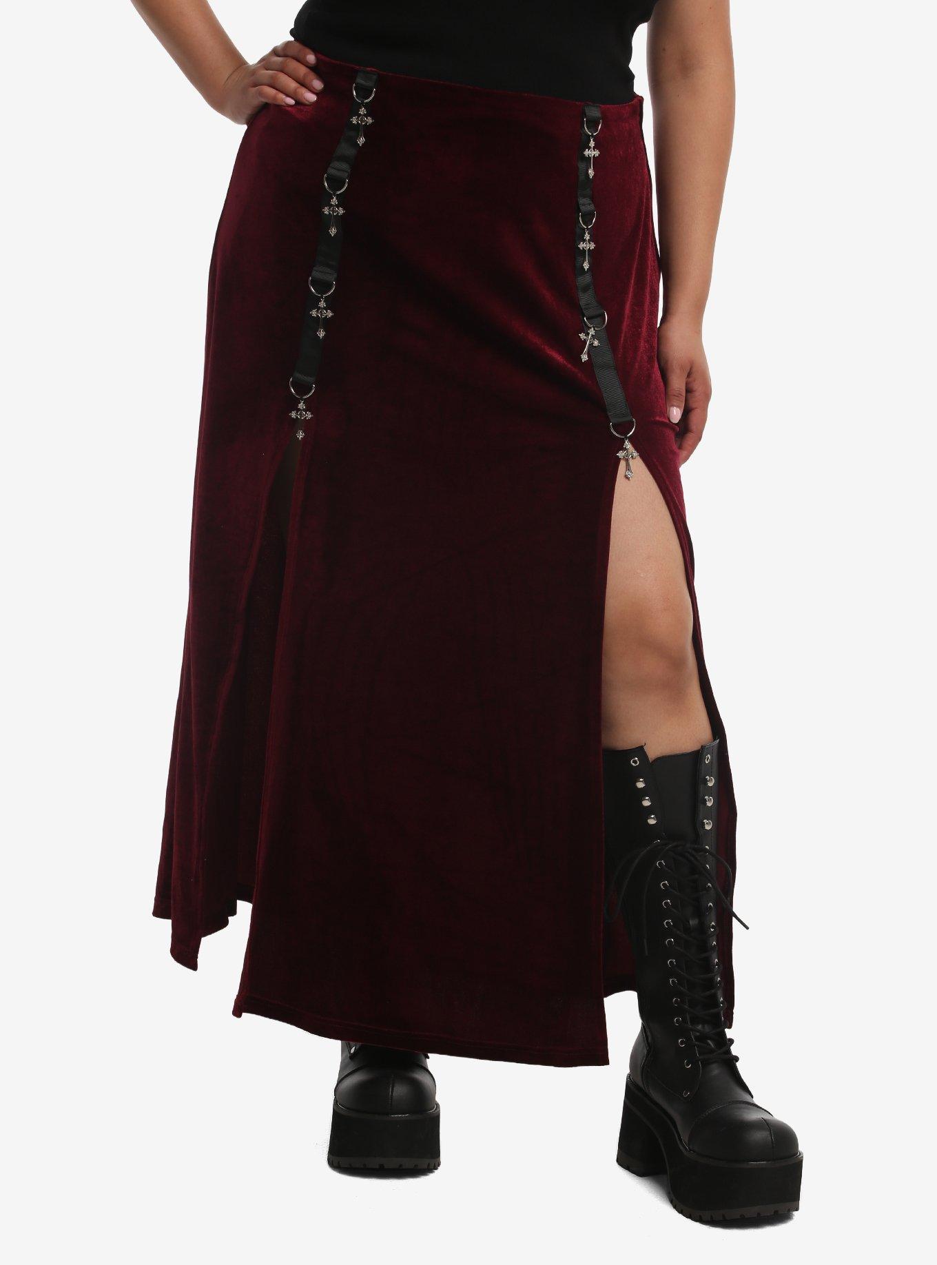 Social Collision Gothic Cross Hardware Velvet Maxi Skirt Plus Size