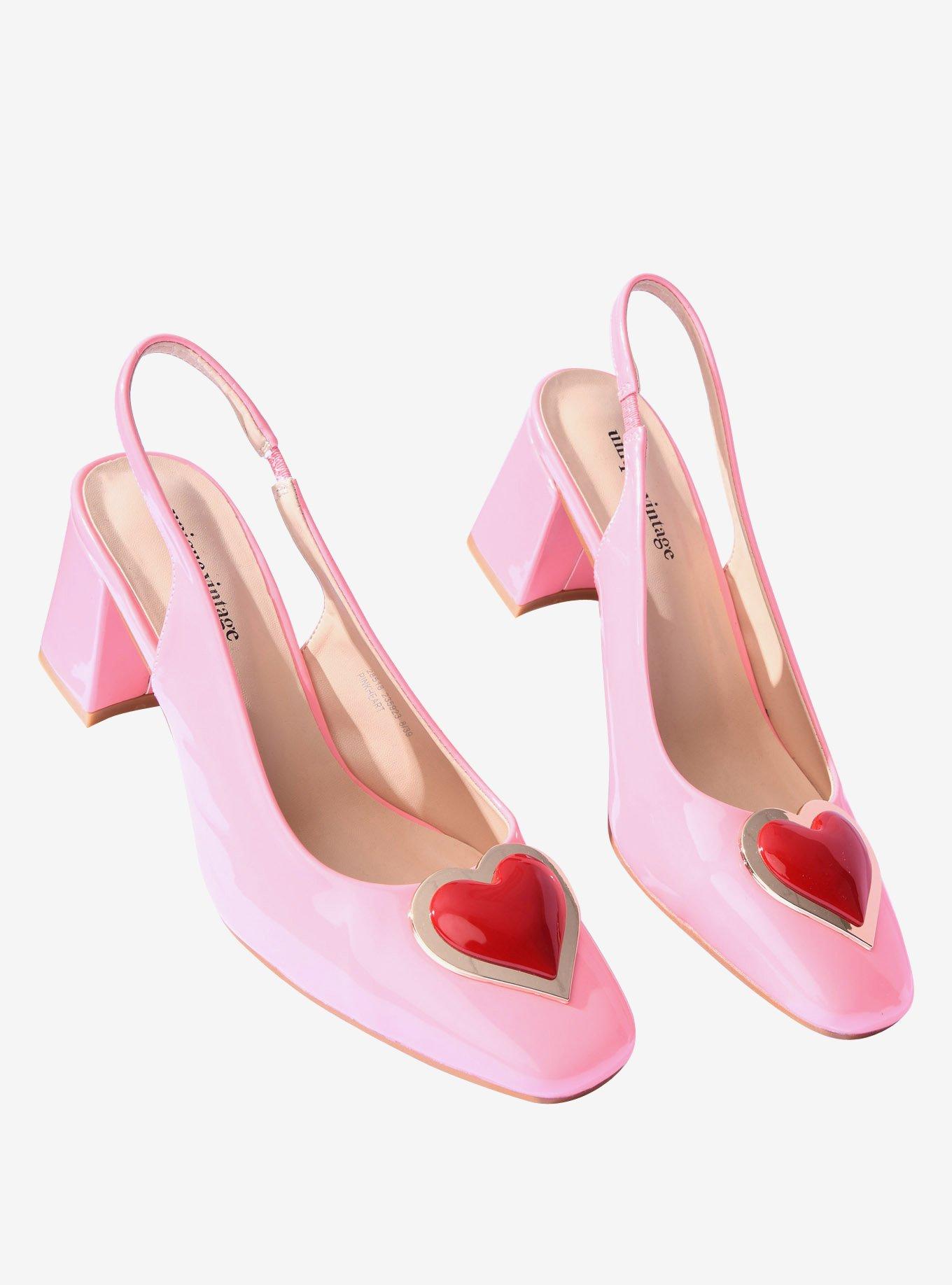 Unique Vintage Pink Heart Leatherette Slingback Heels, , hi-res