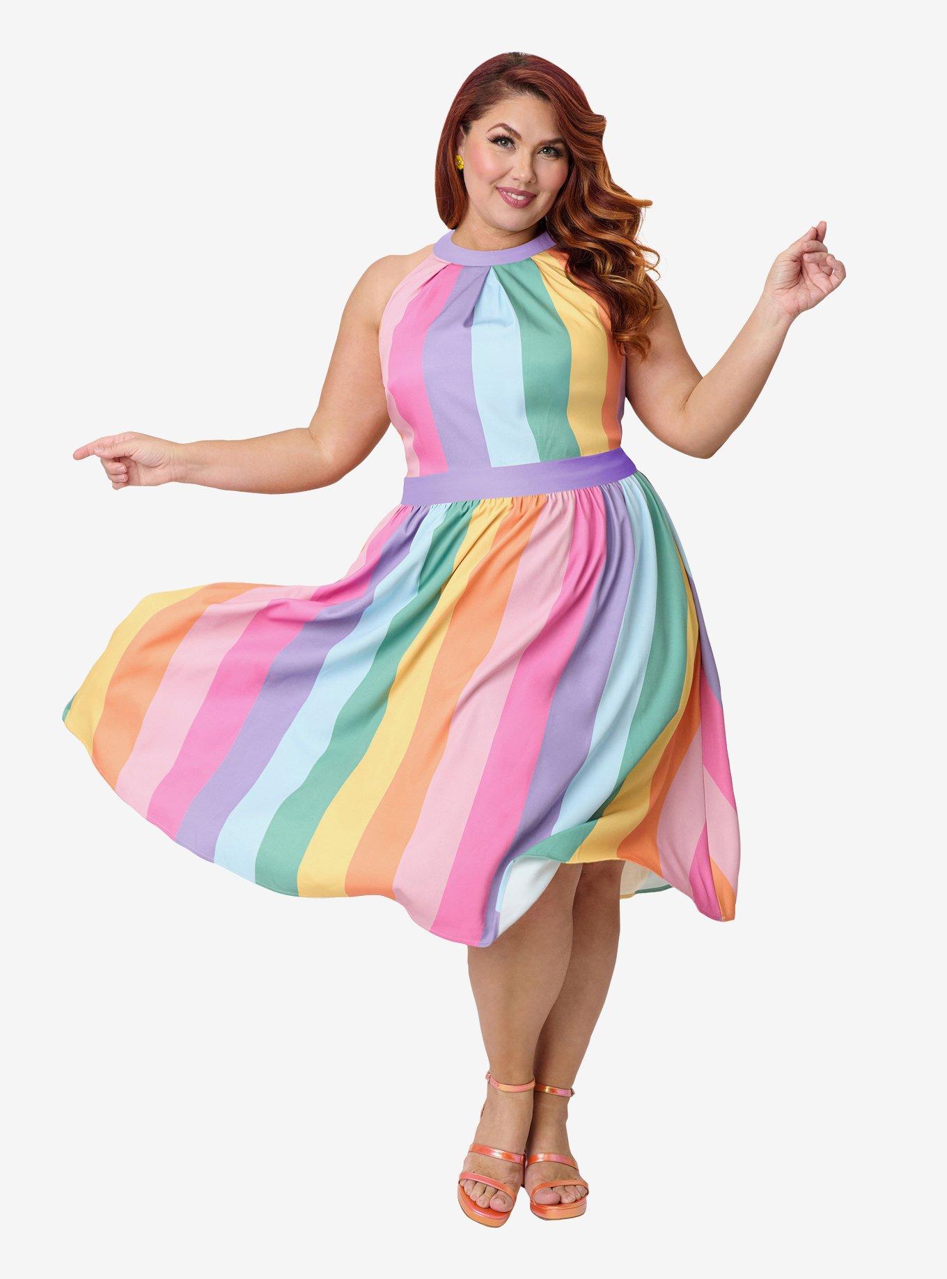 Unique Vintage Plus Size Pastel Rainbow Stripe Lombard Swing Dress, , hi-res