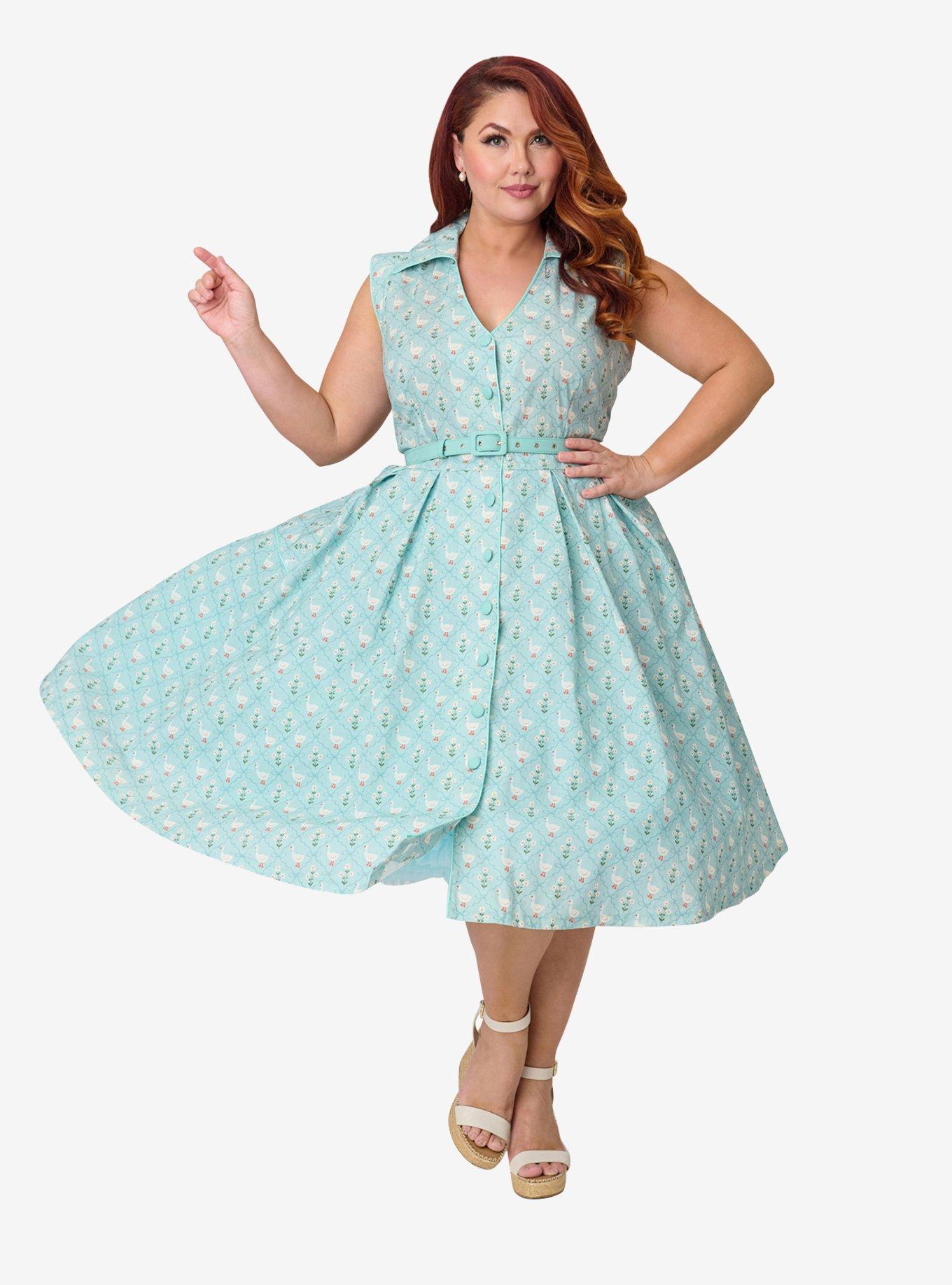 Unique Vintage Plus Size Blue & Goose Print Cotton Shirt Swing Dress, , hi-res