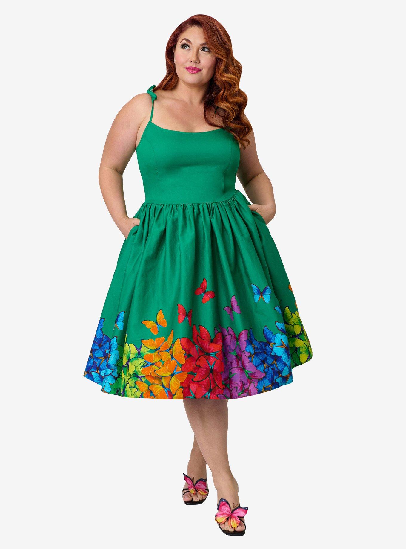 Unique Vintage Plus Size Green & Rainbow Butterfly Cotton Bobbie Swing Dress, , hi-res