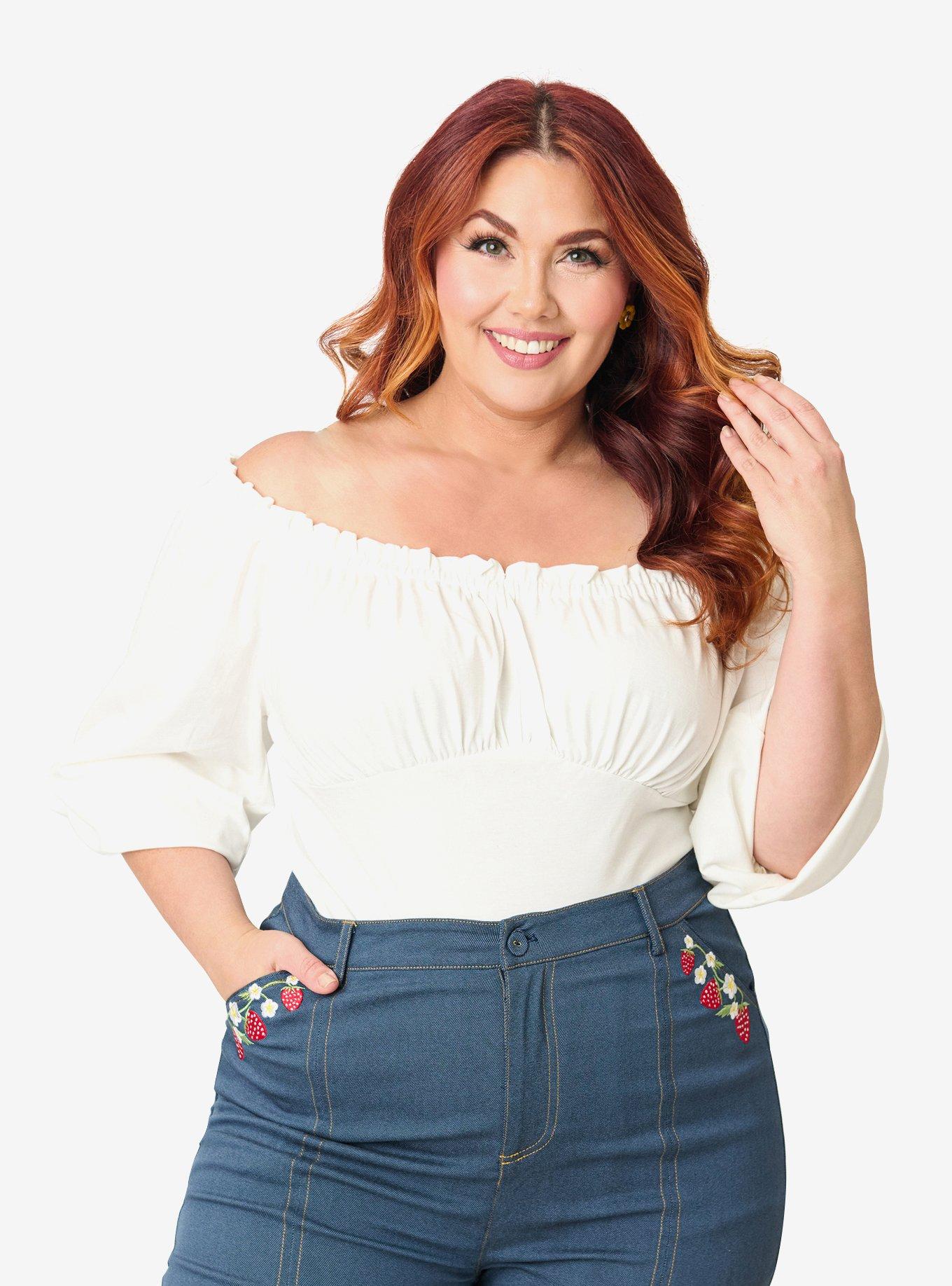 Unique Vintage Plus Size White Peasant Sleeve Blouse, , hi-res