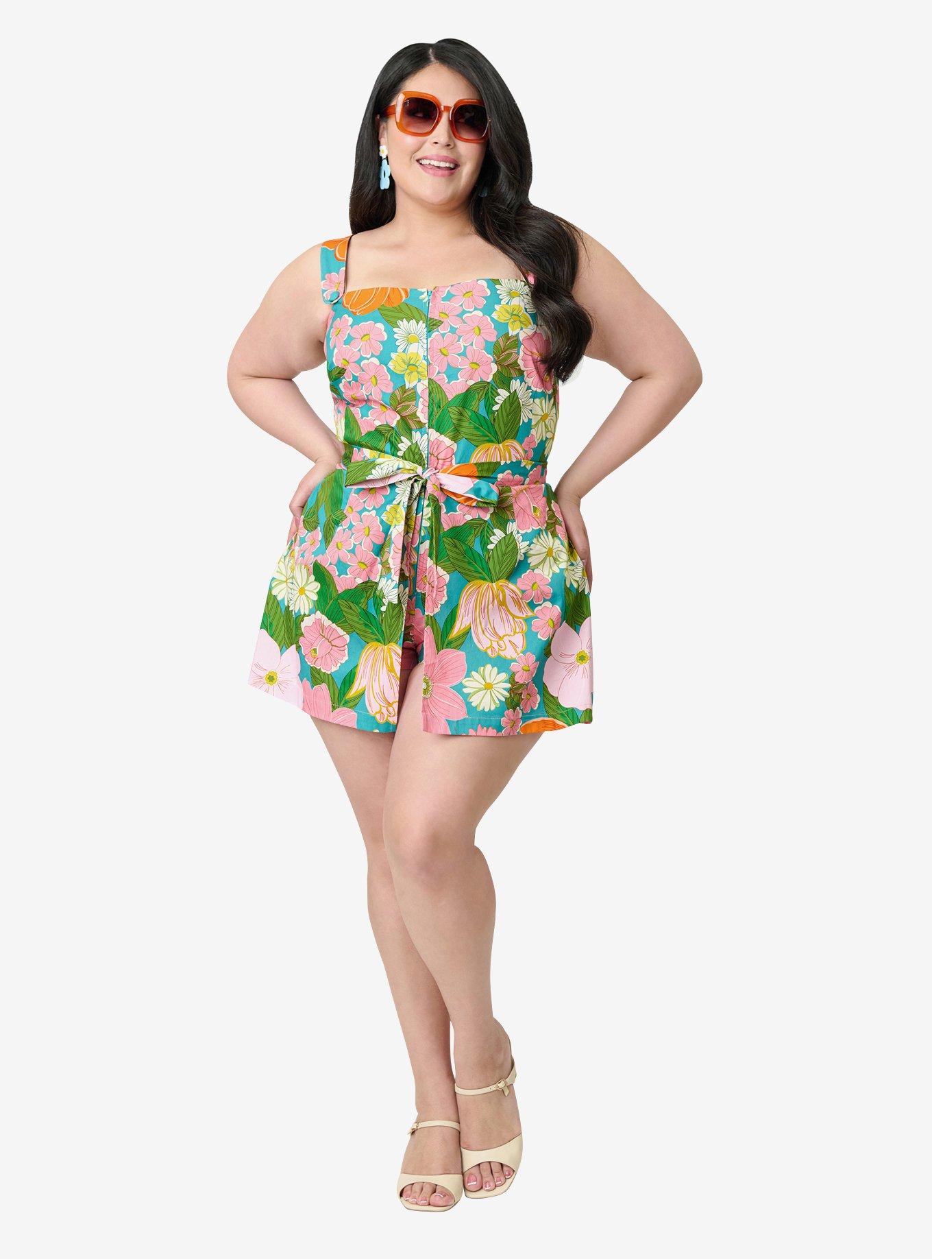 Smak Parlour Plus Size Teal Floral Sweet & Sassy Skirted Cotton Romper, , hi-res