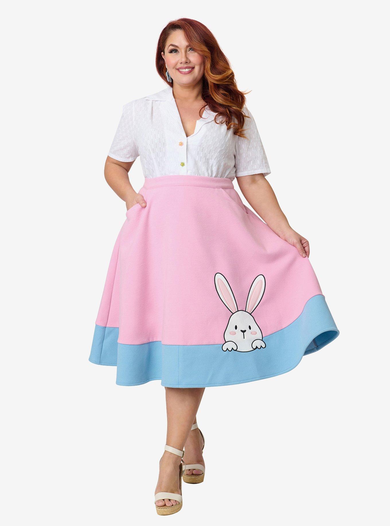 Unique Vintage Plus Size Pink & Blue Bunny Soda Shop Swing Skirt, , hi-res