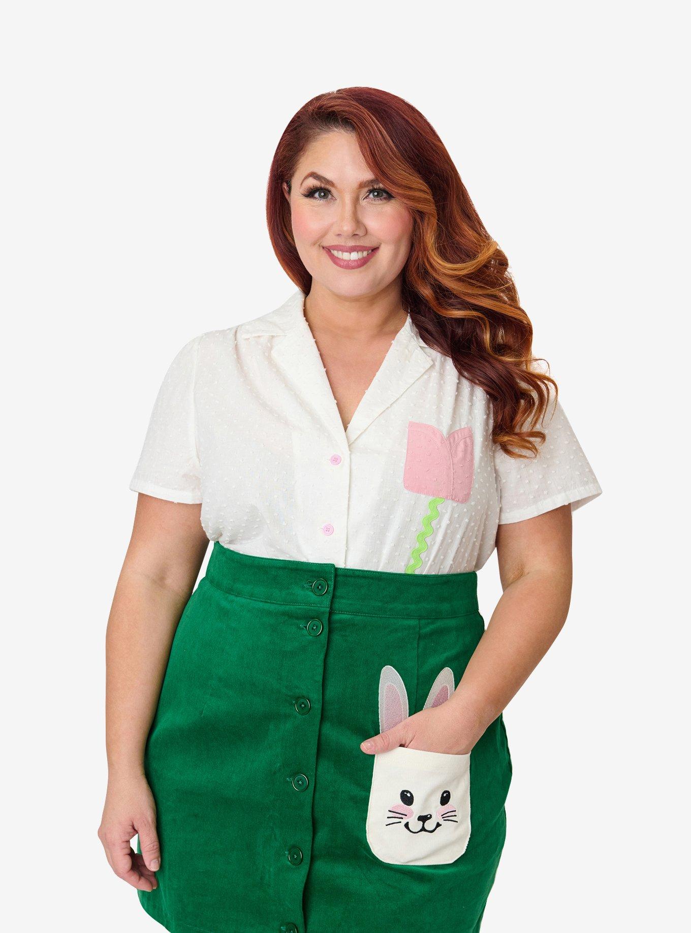 Unique Vintage Plus Size White Swiss Dot & Tulip Notched Collar Blouse, , hi-res