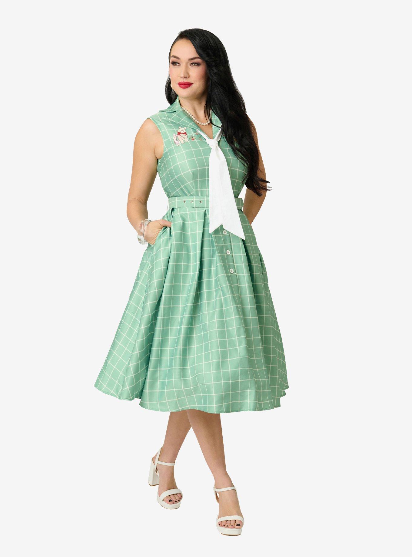 Disney Winnie the Pooh x Unique Vintage Green Plaid Edith Swing Dress, , hi-res
