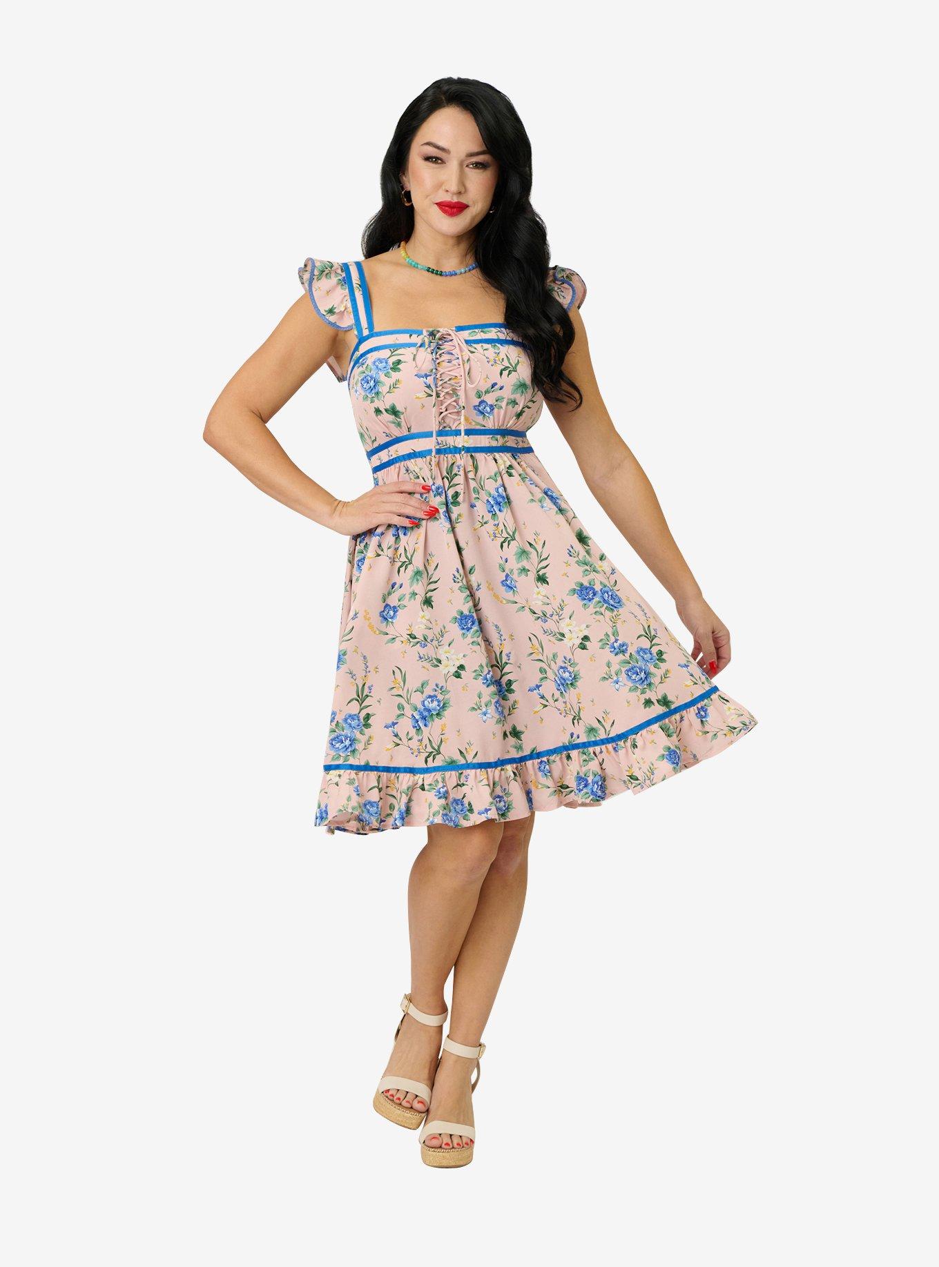 Smak Parlour Light Pink & Blue Floral Corset Fit & Flare Dress, , hi-res