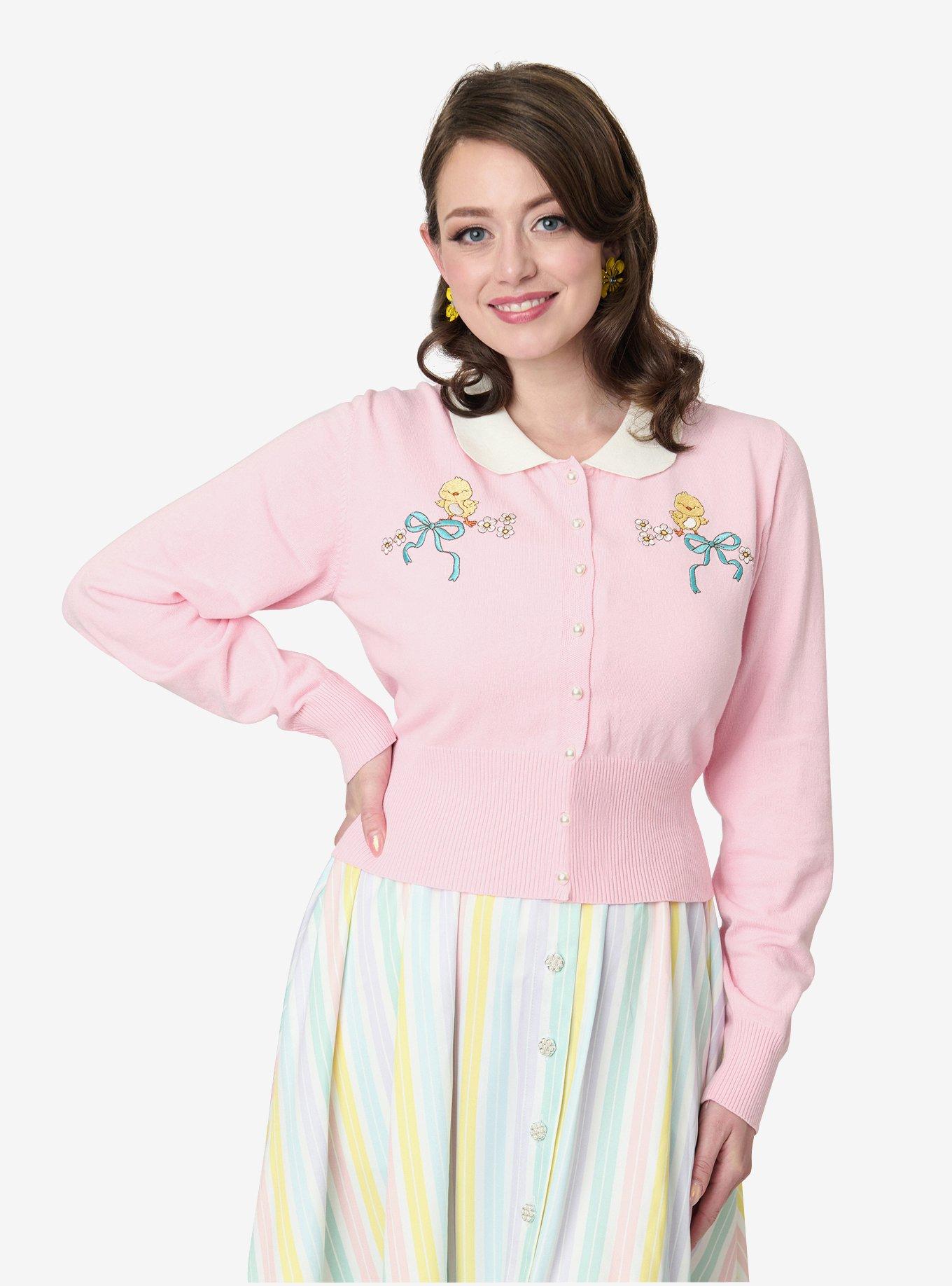 Unique Vintage Pink Chick Embroidered Cardigan, , hi-res