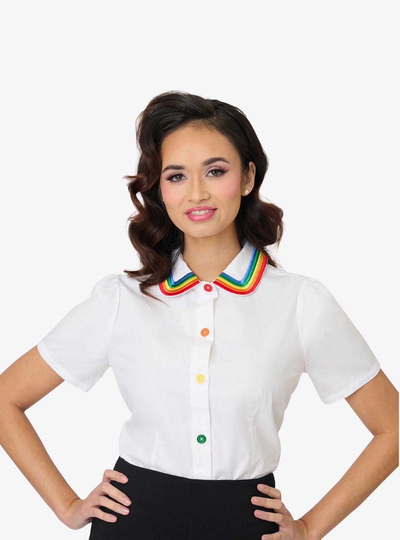 Unique Vintage White Rainbow Embroidered Collar Blouse, , hi-res