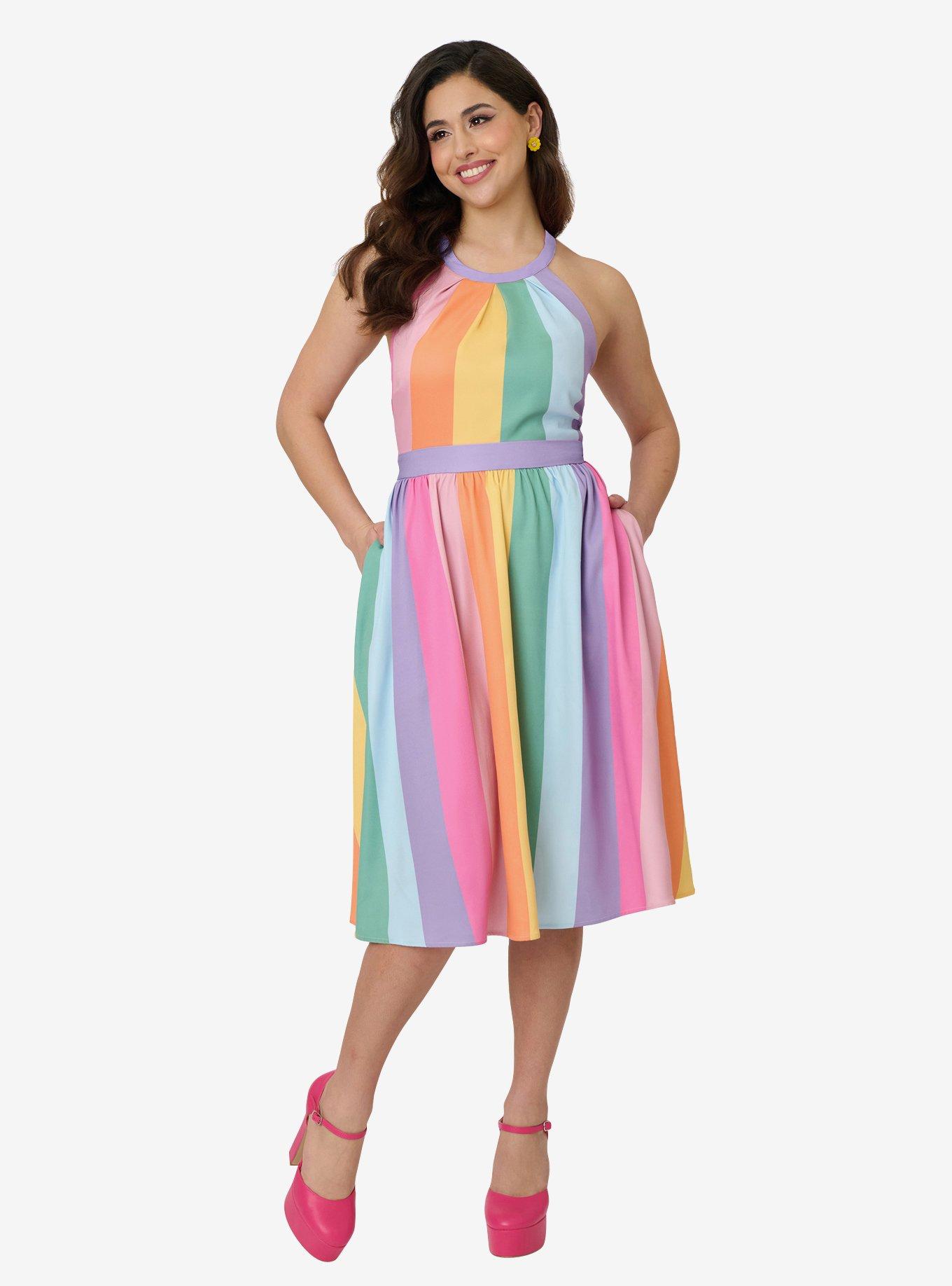 Unique Vintage Pastel Rainbow Stripe Lombard Swing Dress, , hi-res