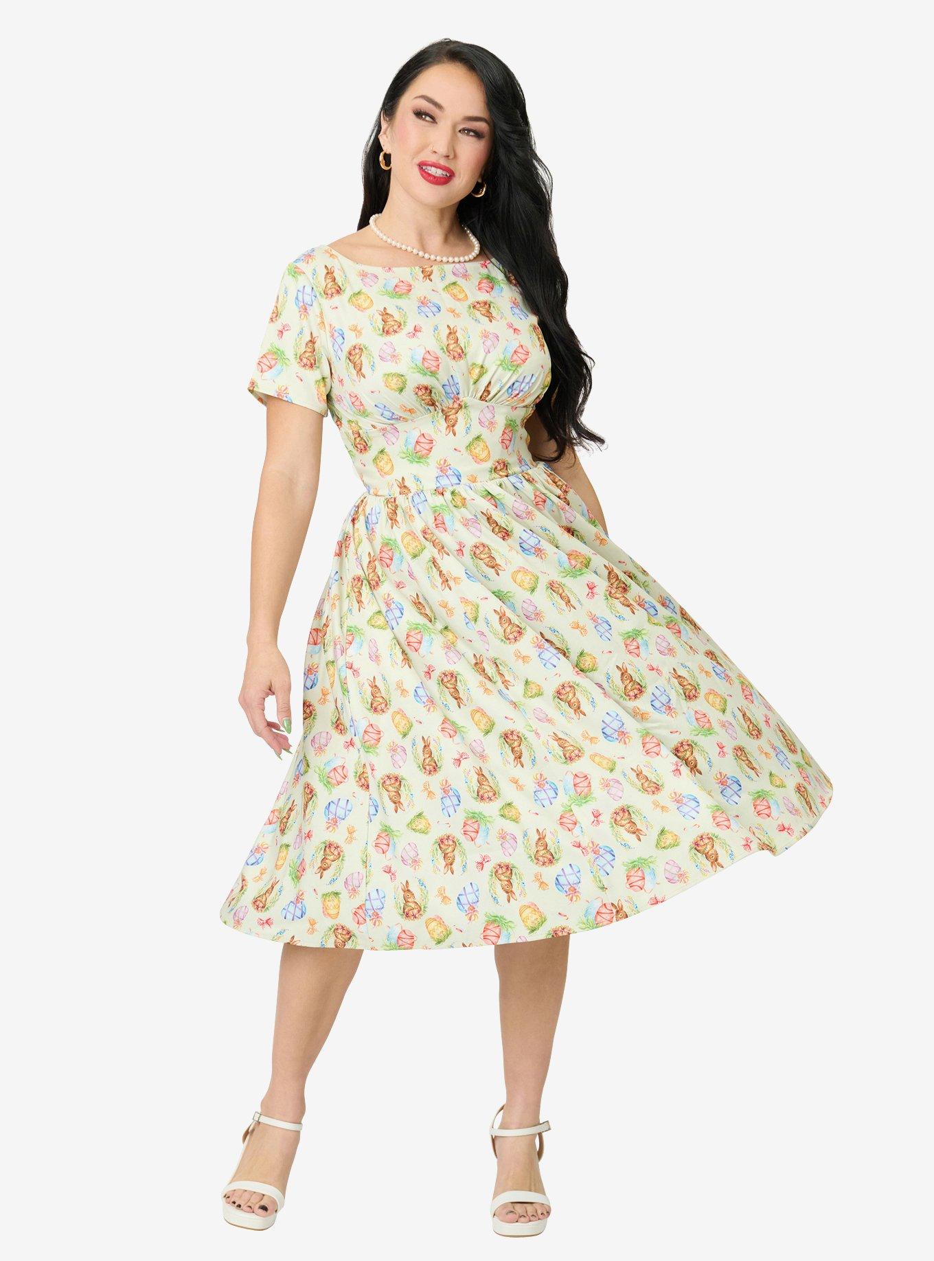 Unique Vintage Green Easter Bunny Print Swing Dress, , hi-res