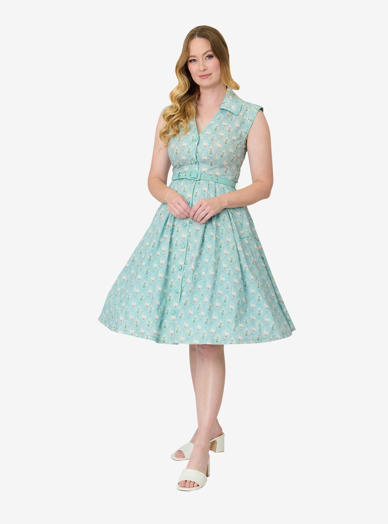 Unique Vintage Blue & Goose Print Cotton Shirt Swing Dress, , hi-res