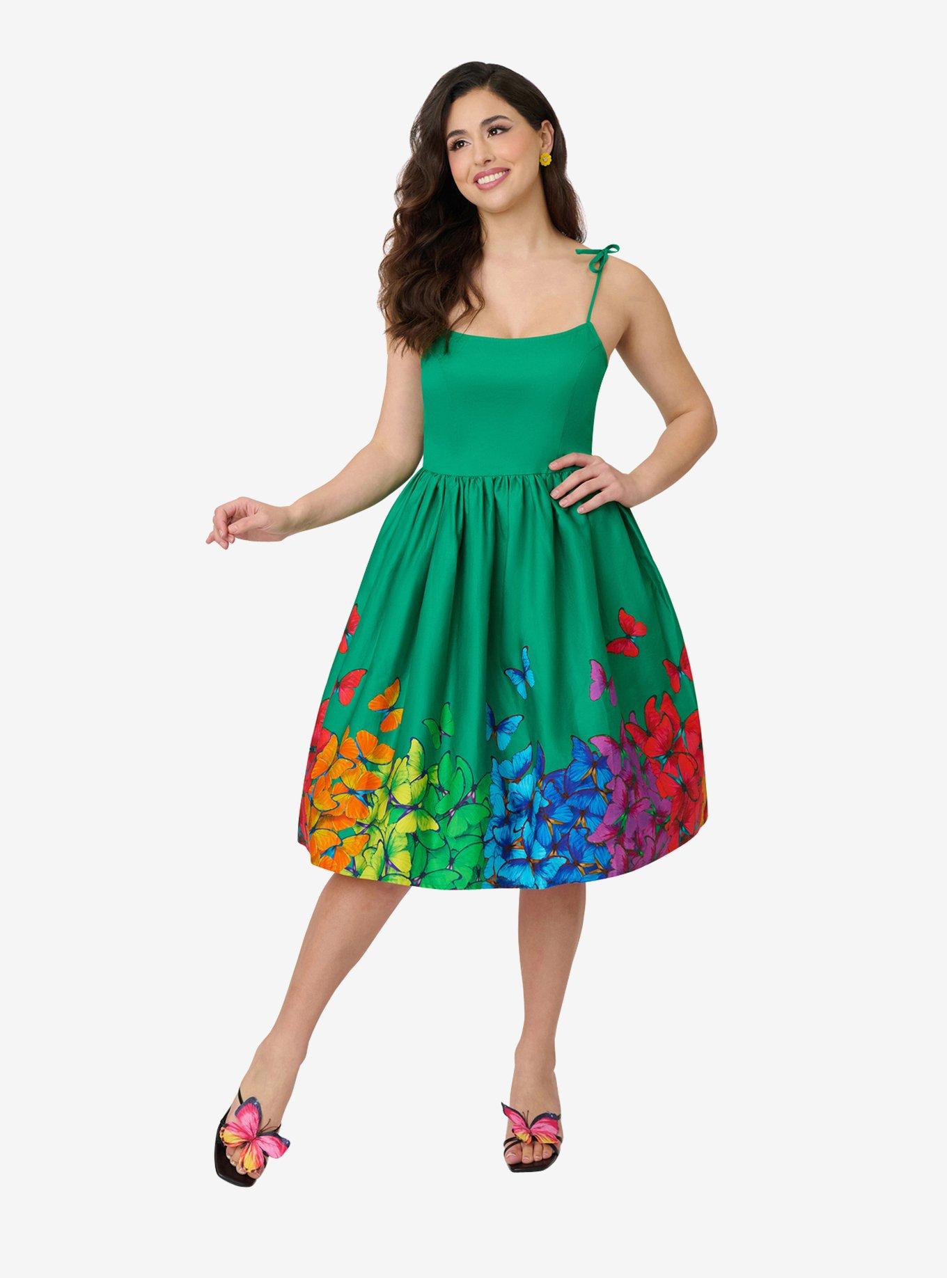 Unique Vintage Green & Rainbow Butterfly Cotton Bobbie Swing Dress, GREEN, hi-res