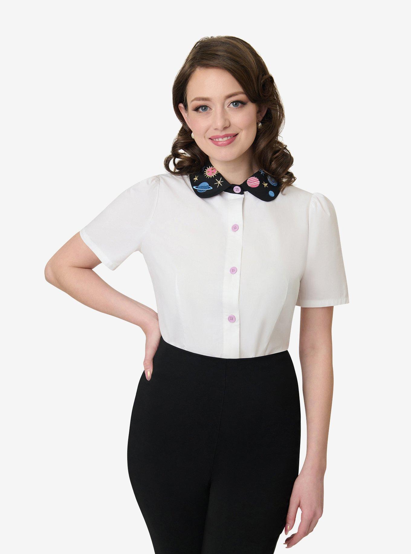 Unique Vintage White Planet Embroidered Collared Blouse, , hi-res