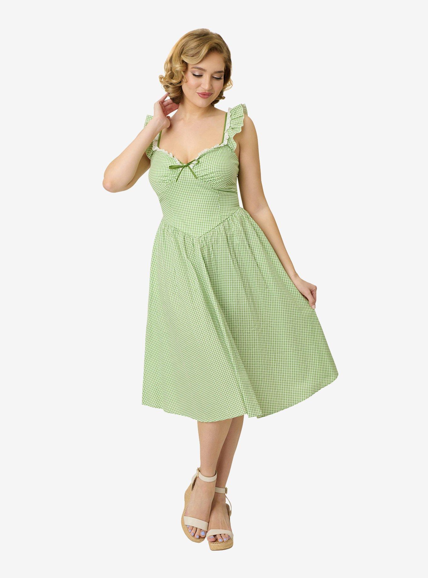 Unique Vintage Green Gingham Sweetheart Flutter Sleeve Swing Dress, , hi-res