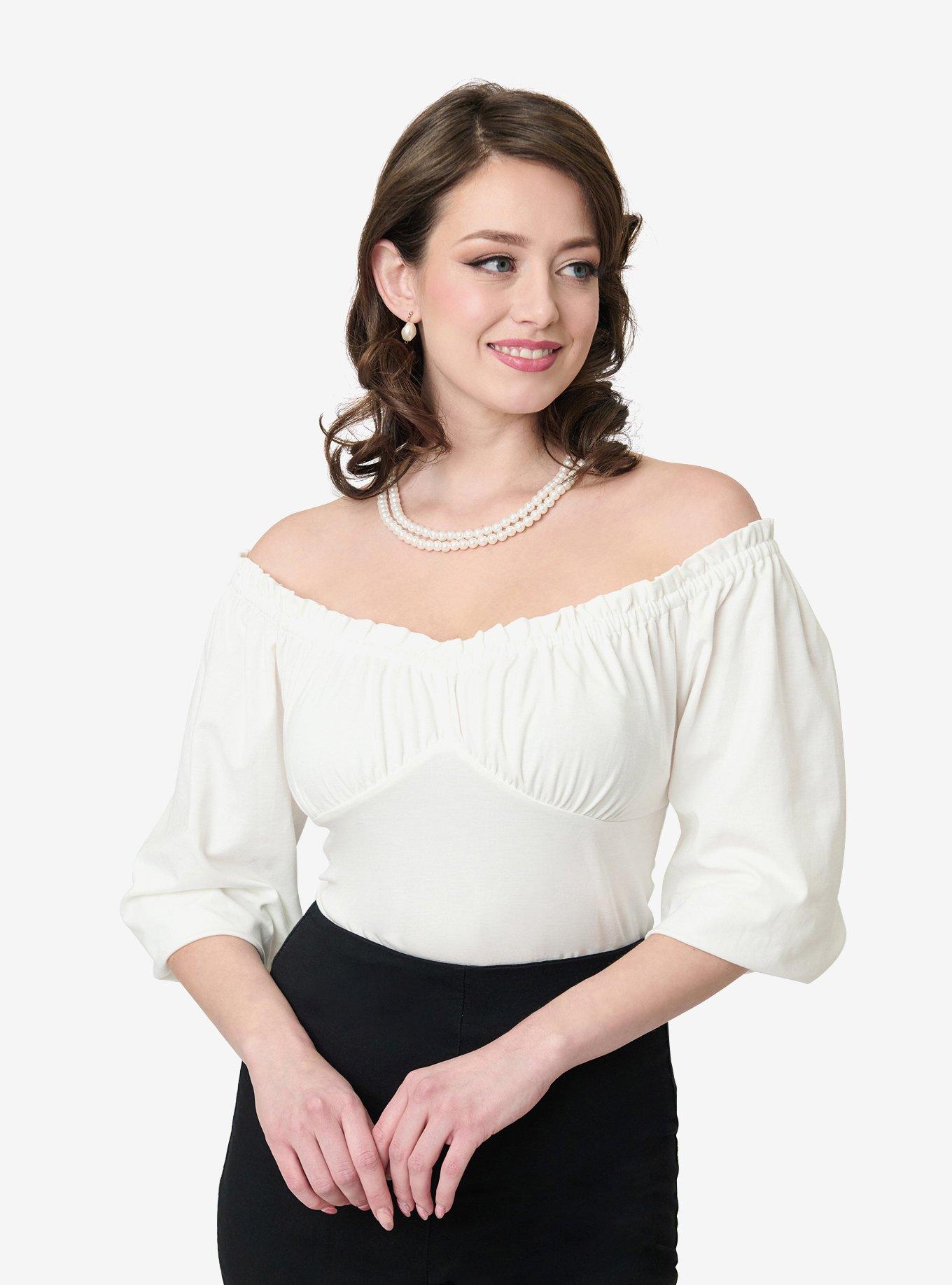 Unique Vintage White Peasant Sleeve Blouse, , hi-res