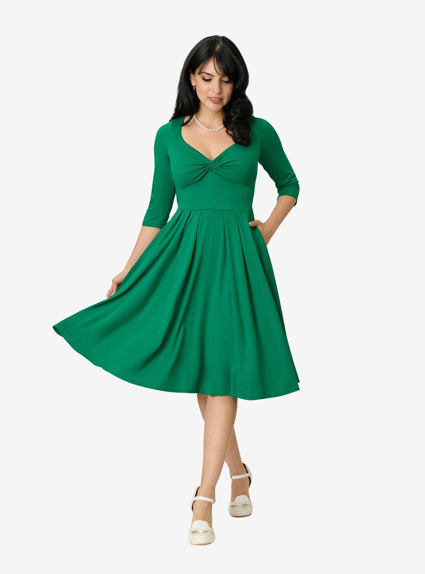 Unique Vintage Green Bengaline Front Twist Swing Dress, , hi-res