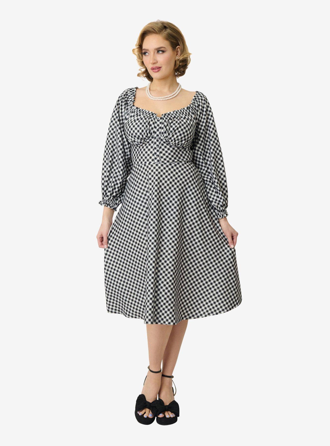 Unique Vintage Black & White Gingham Peasant Sleeve Swing Dress, , hi-res