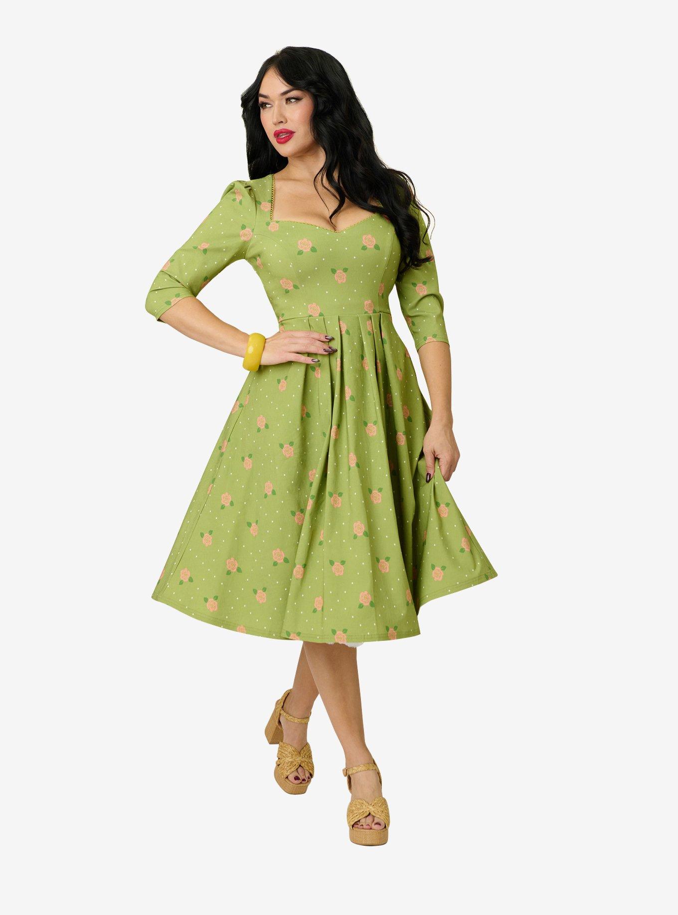 Unique Vintage Chartreuse & Pink Rose Sweetheart Swing Dress, , hi-res