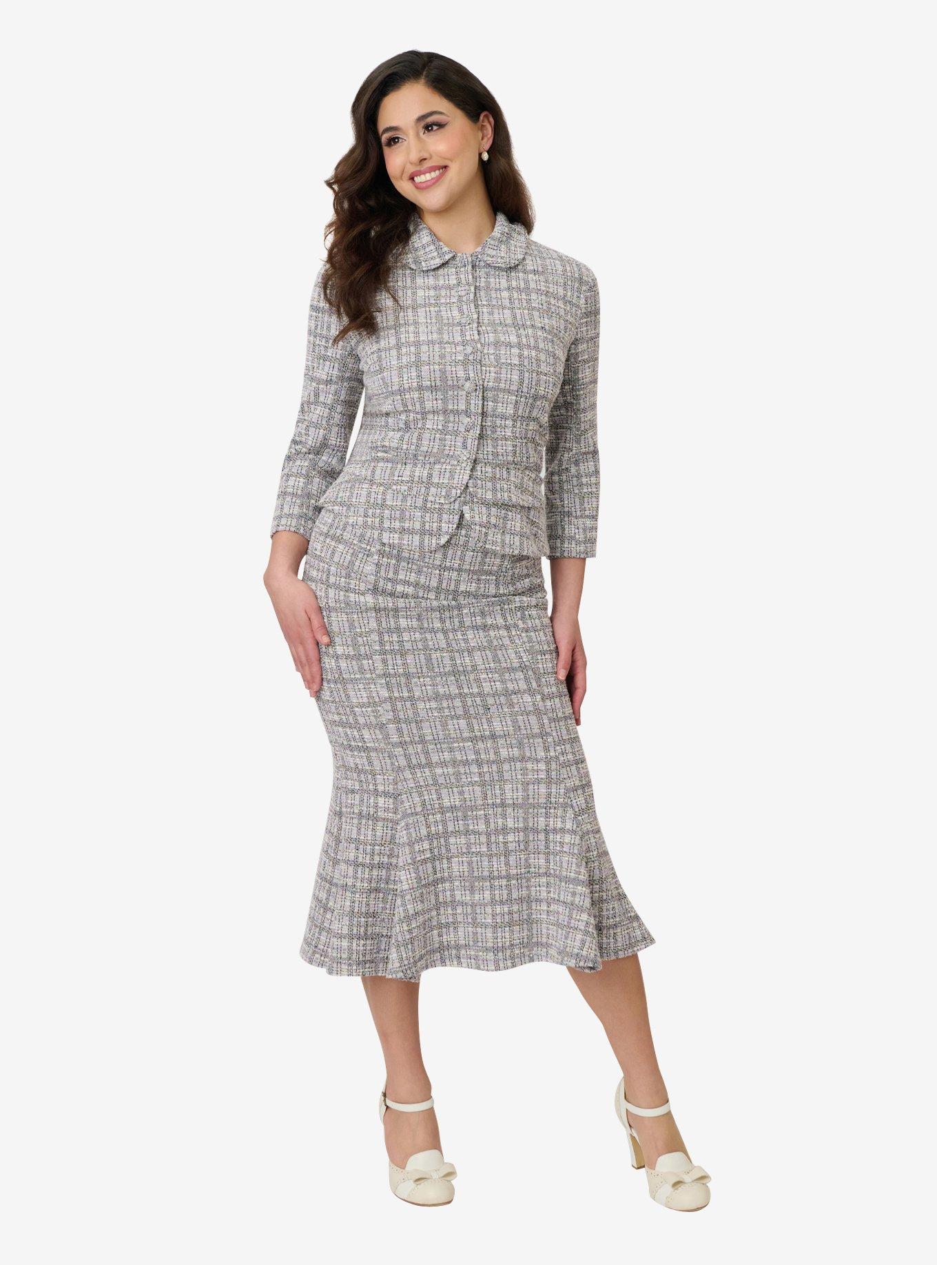 Unique Vintage Lavender Plaid Boucle Trumpet Skirt, , hi-res