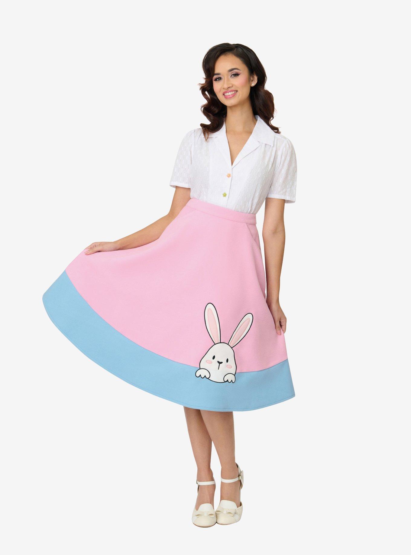 Unique Vintage Pink & Blue Bunny Soda Shop Swing Skirt, , hi-res