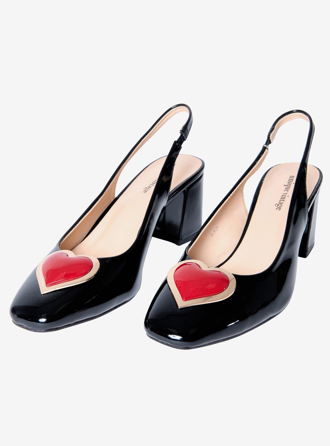 Unique Vintage Black & Red Heart Leatherette Slingback Heels