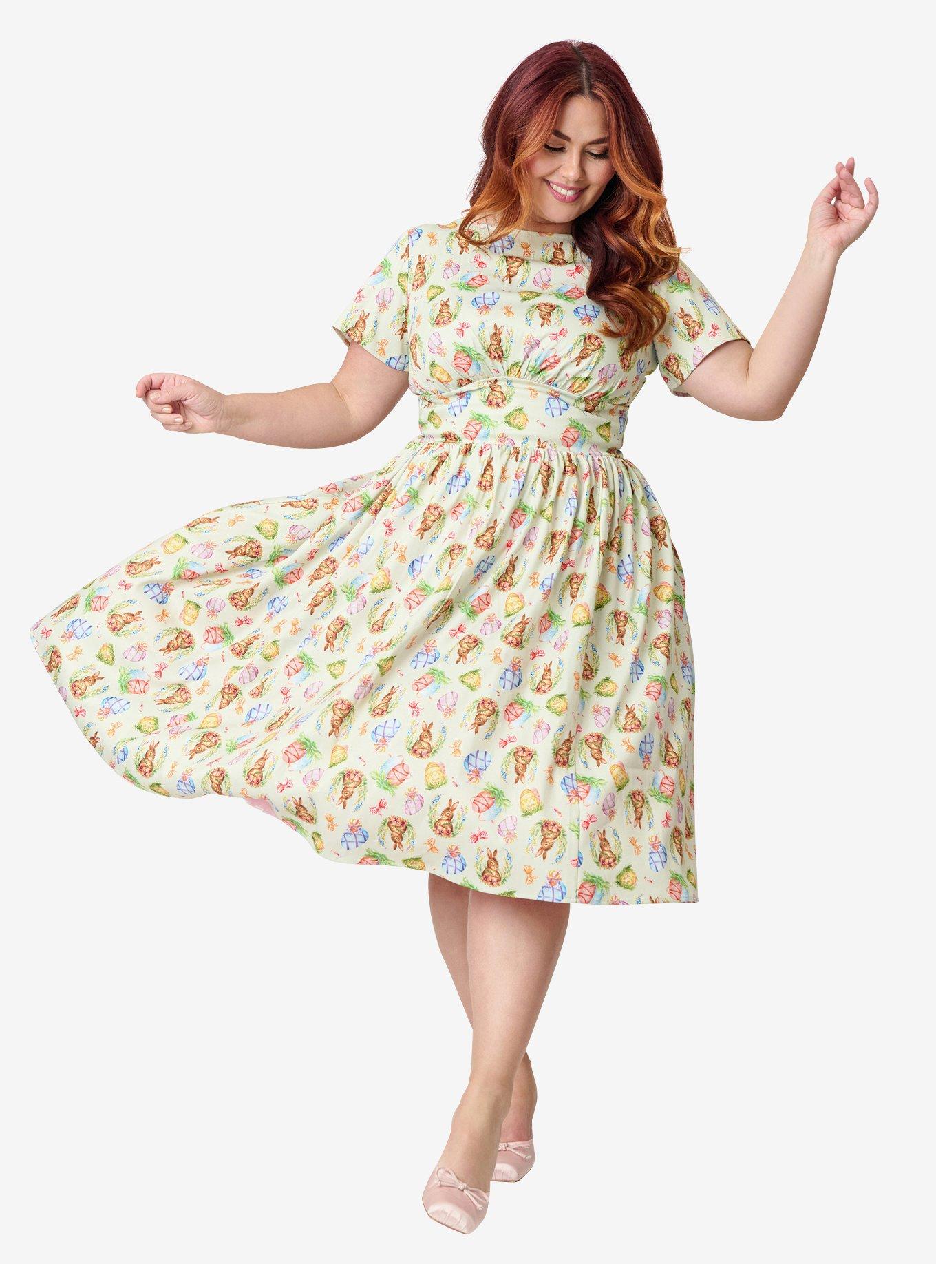 Unique Vintage Plus Size Green Easter Bunny Print Swing Dress, , hi-res