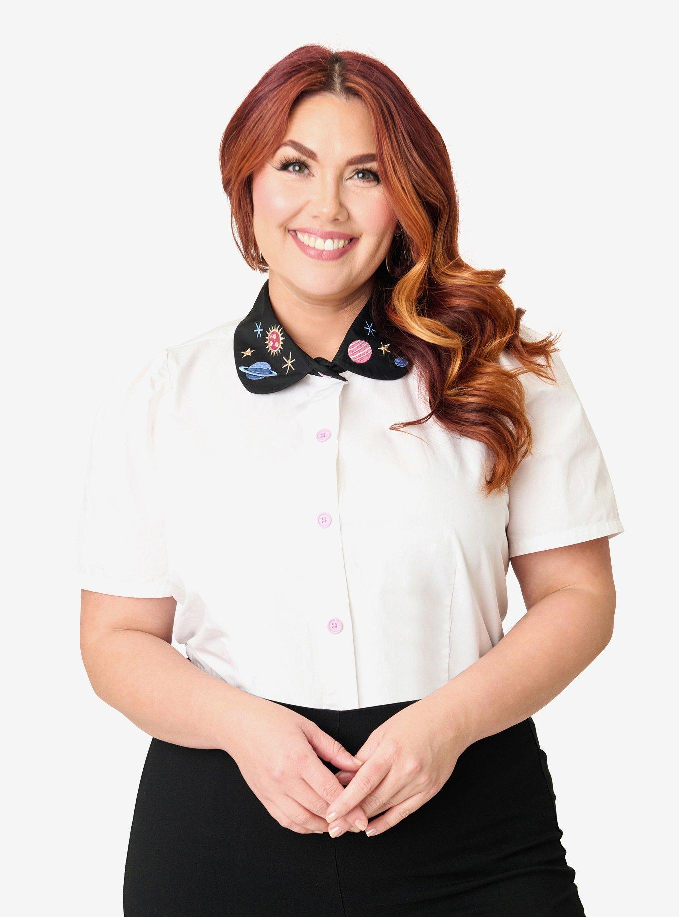 Unique Vintage Plus Size White Planet Embroidered Collared Blouse, , hi-res