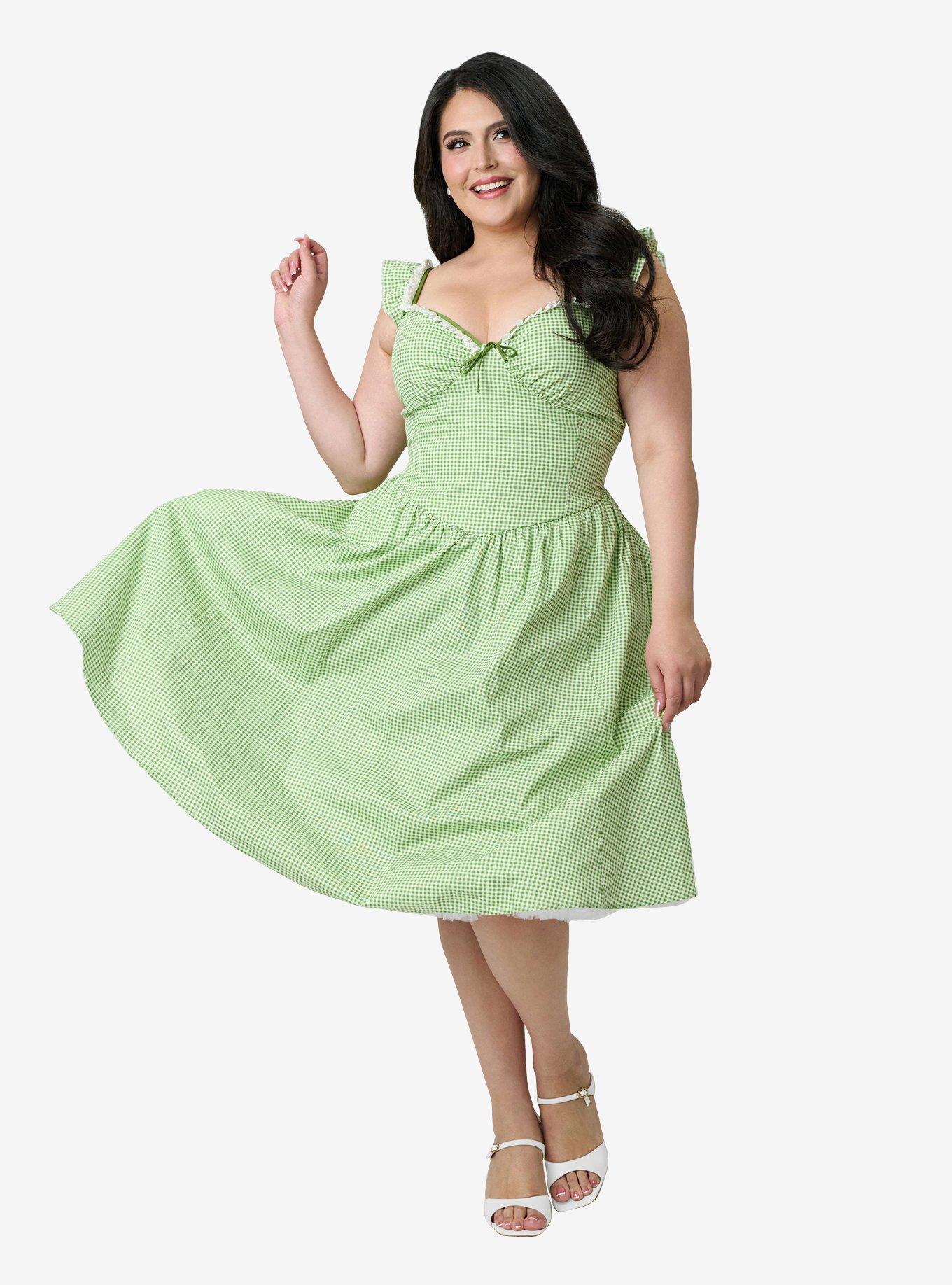 Unique Vintage Plus Green Gingham Sweetheart Flutter Sleeve Swing Dress