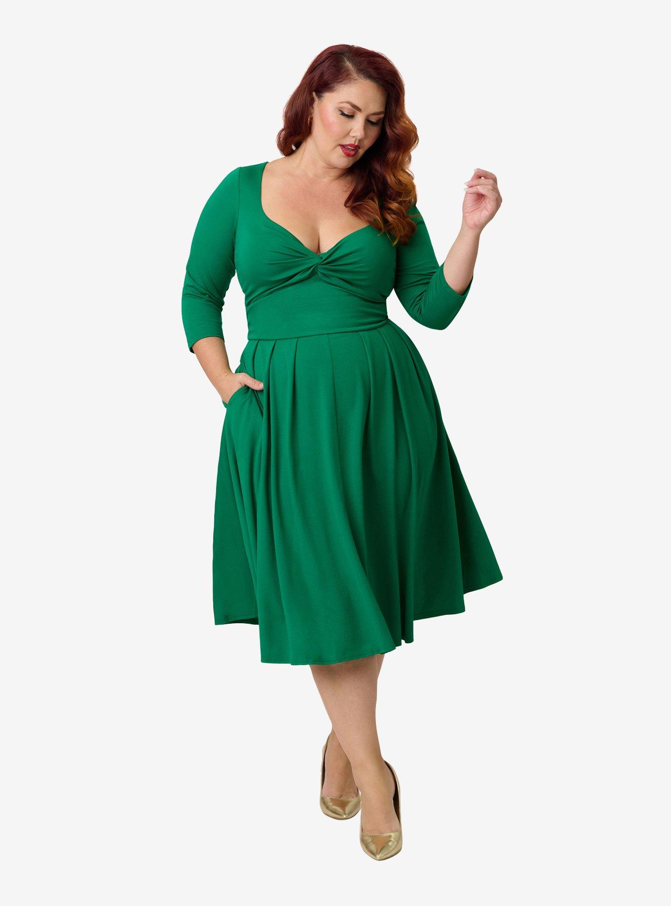 Unique Vintage Plus Size Green Bengaline Front Twist Swing Dress, , hi-res