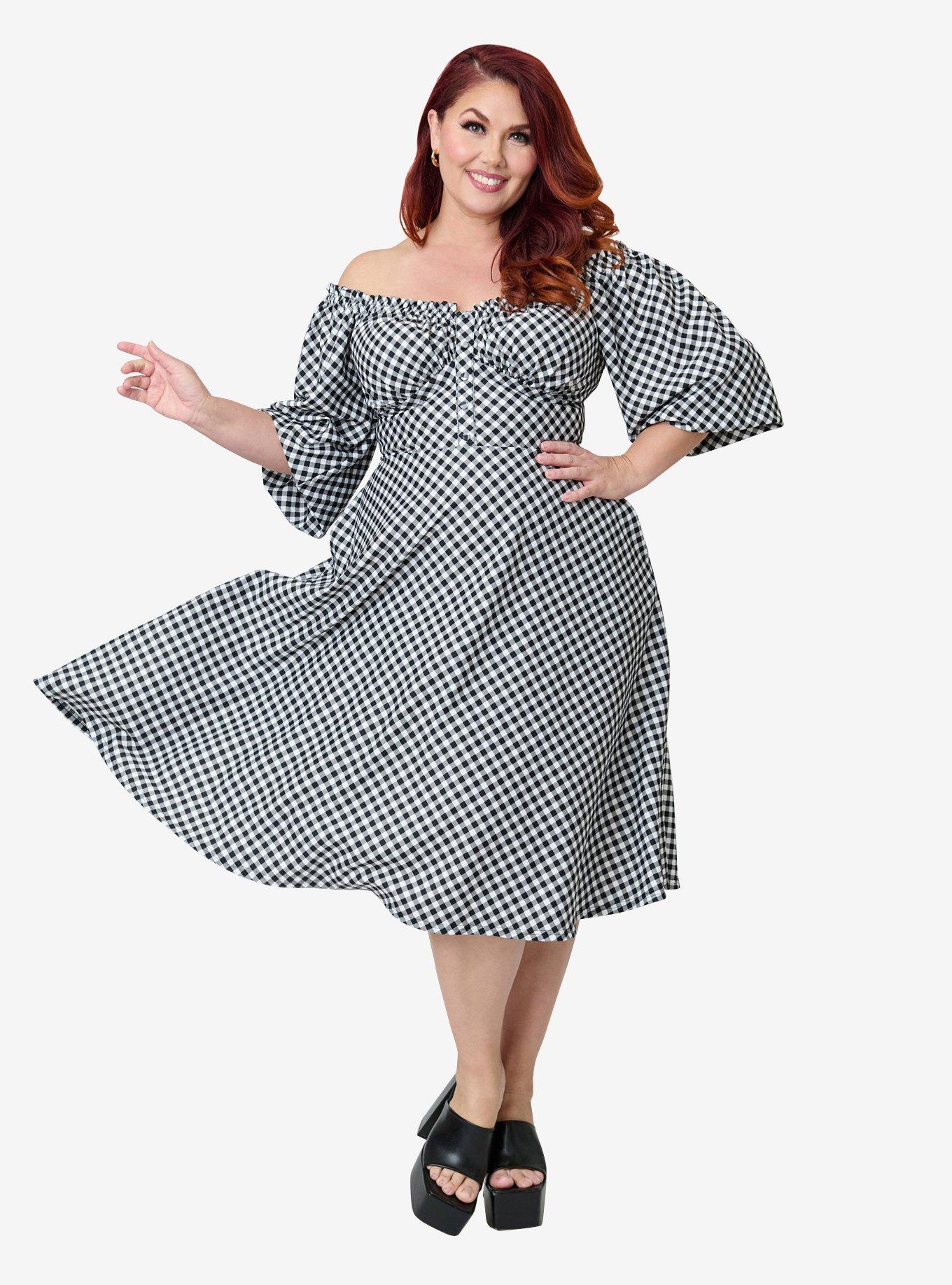 Unique Vintage Plus Size Black & White Gingham Peasant Sleeve Swing Dress, , hi-res