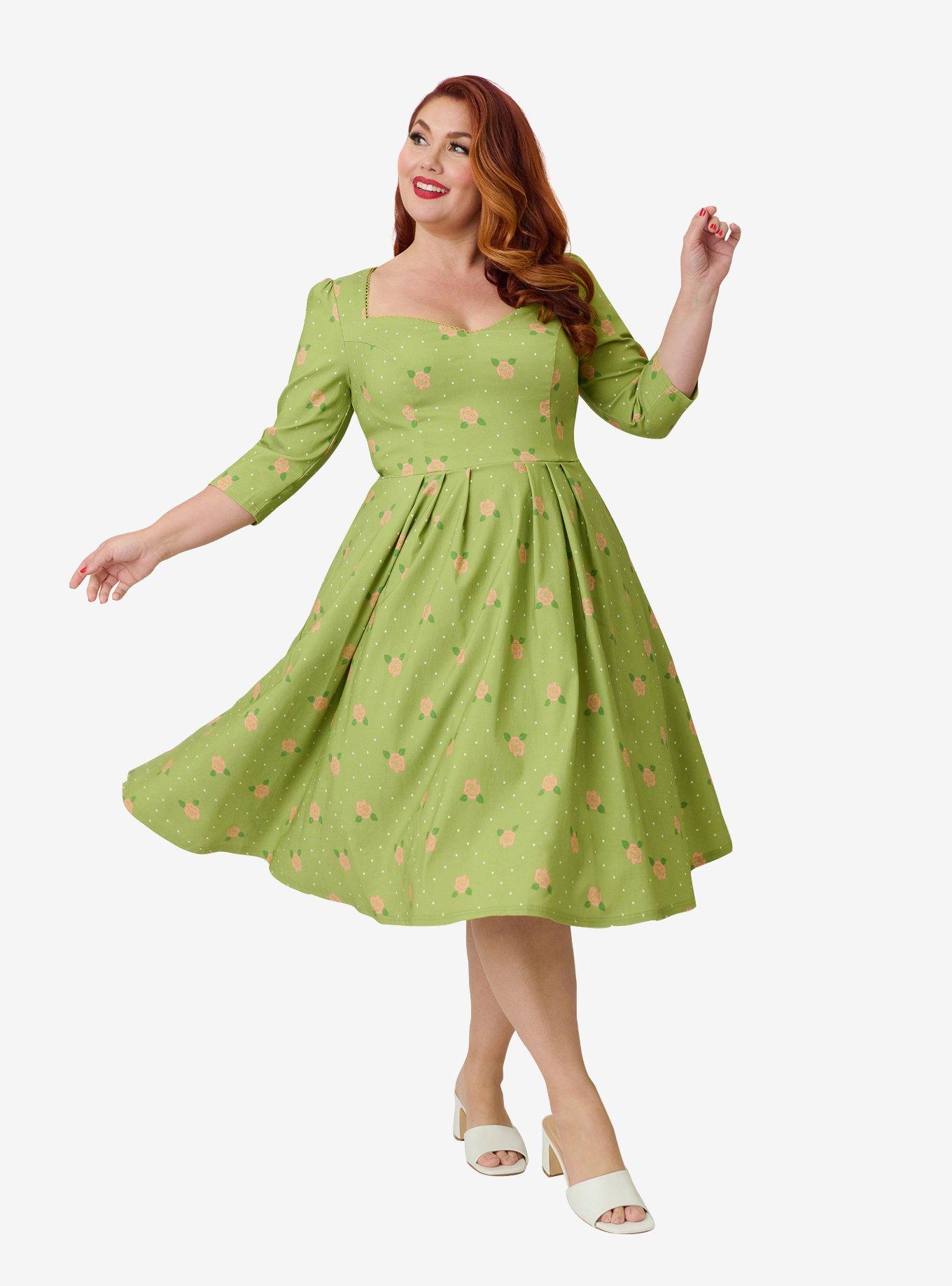Unique Vintage Plus Size Chartreuse & Pink Rose Sweetheart Swing Dress, , hi-res