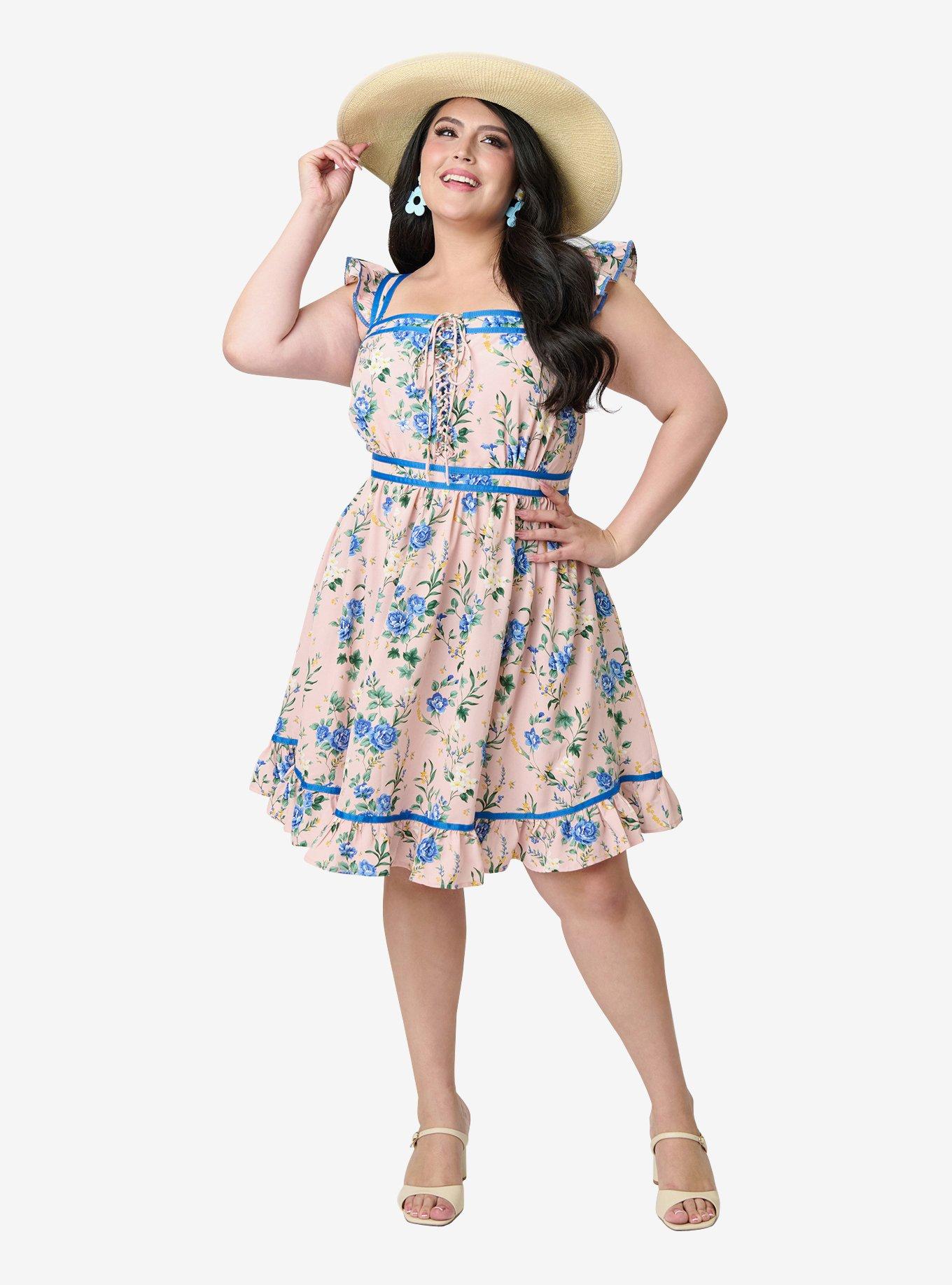 Smak Parlour Plus Size Light Pink & Blue Floral Corset Fit & Flare Dress, , hi-res