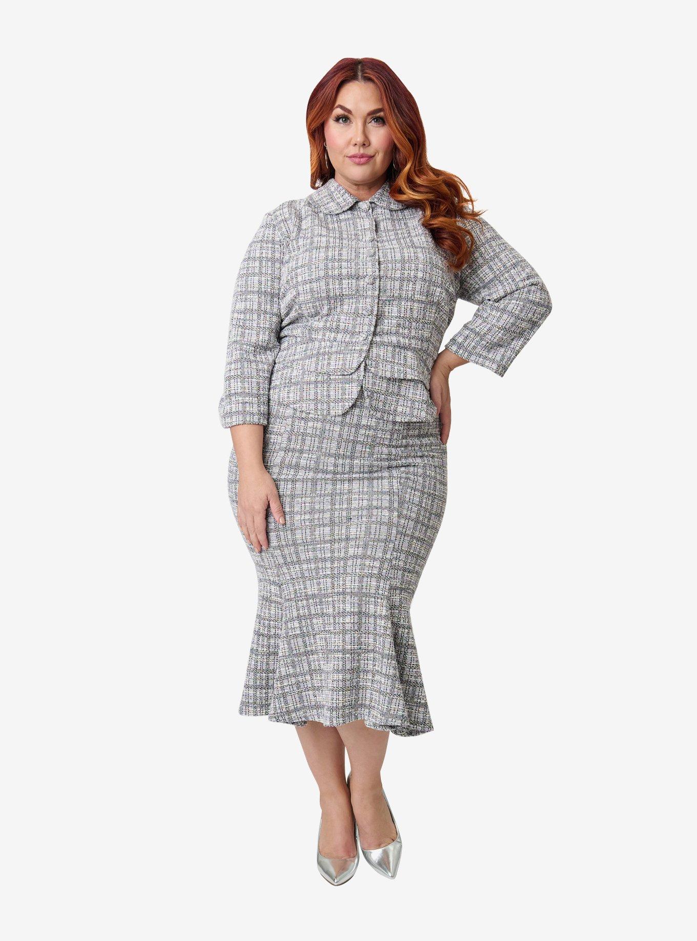 Unique Vintage Plus Size Lavender Plaid Boucle Trumpet Skirt, , hi-res