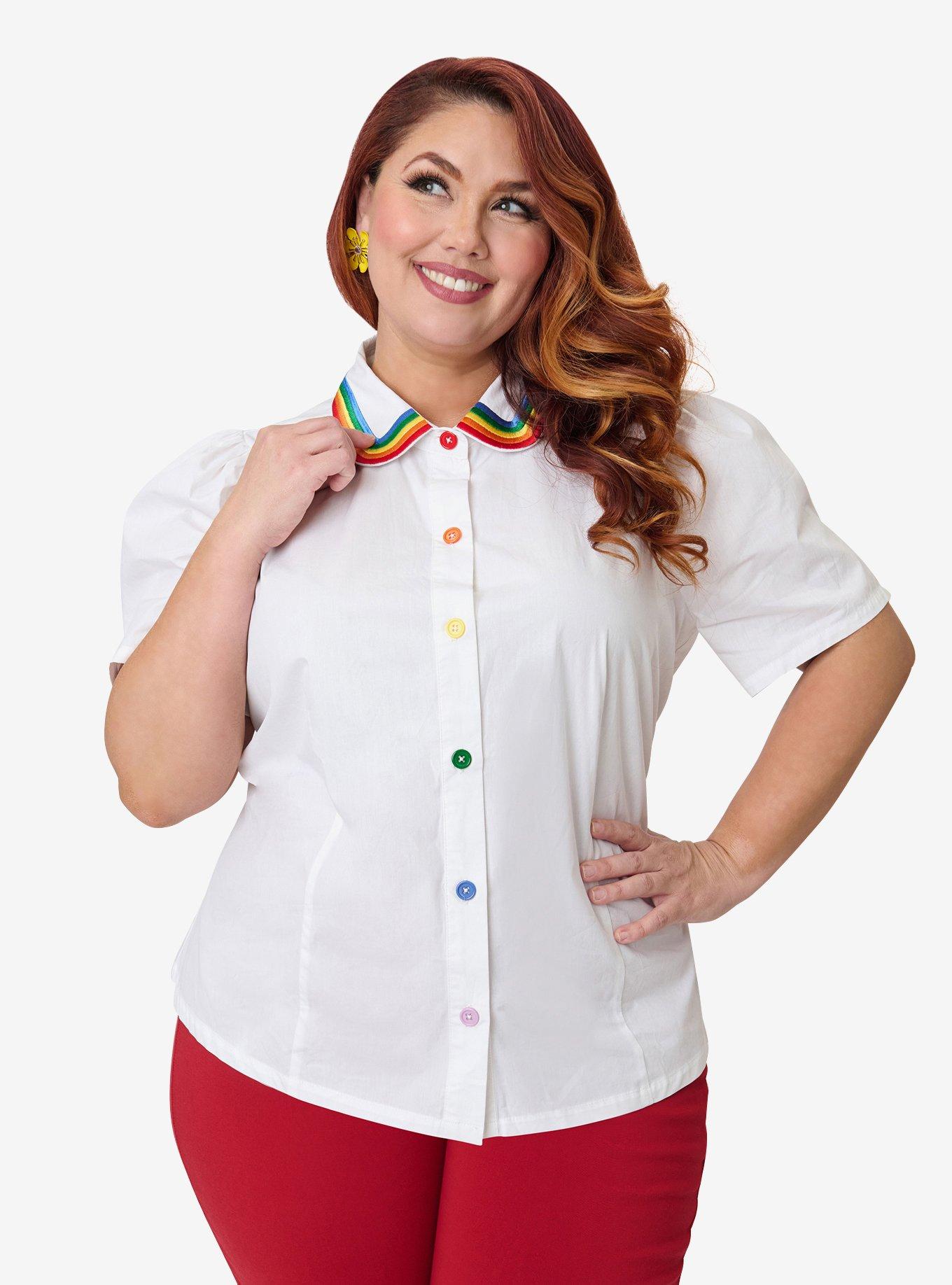 Unique Vintage Plus Size White Rainbow Embroidered Collar Blouse, IVORY, hi-res