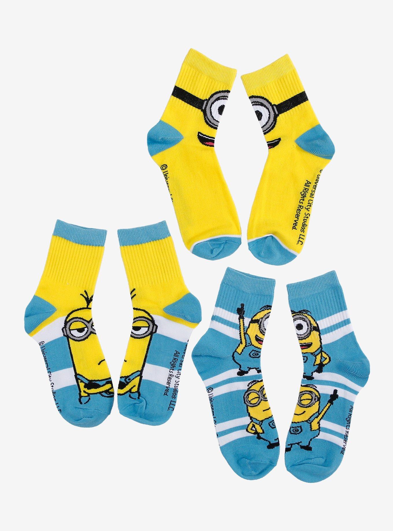 Minions Faces Stripe Crew Socks 3 Pair, , hi-res